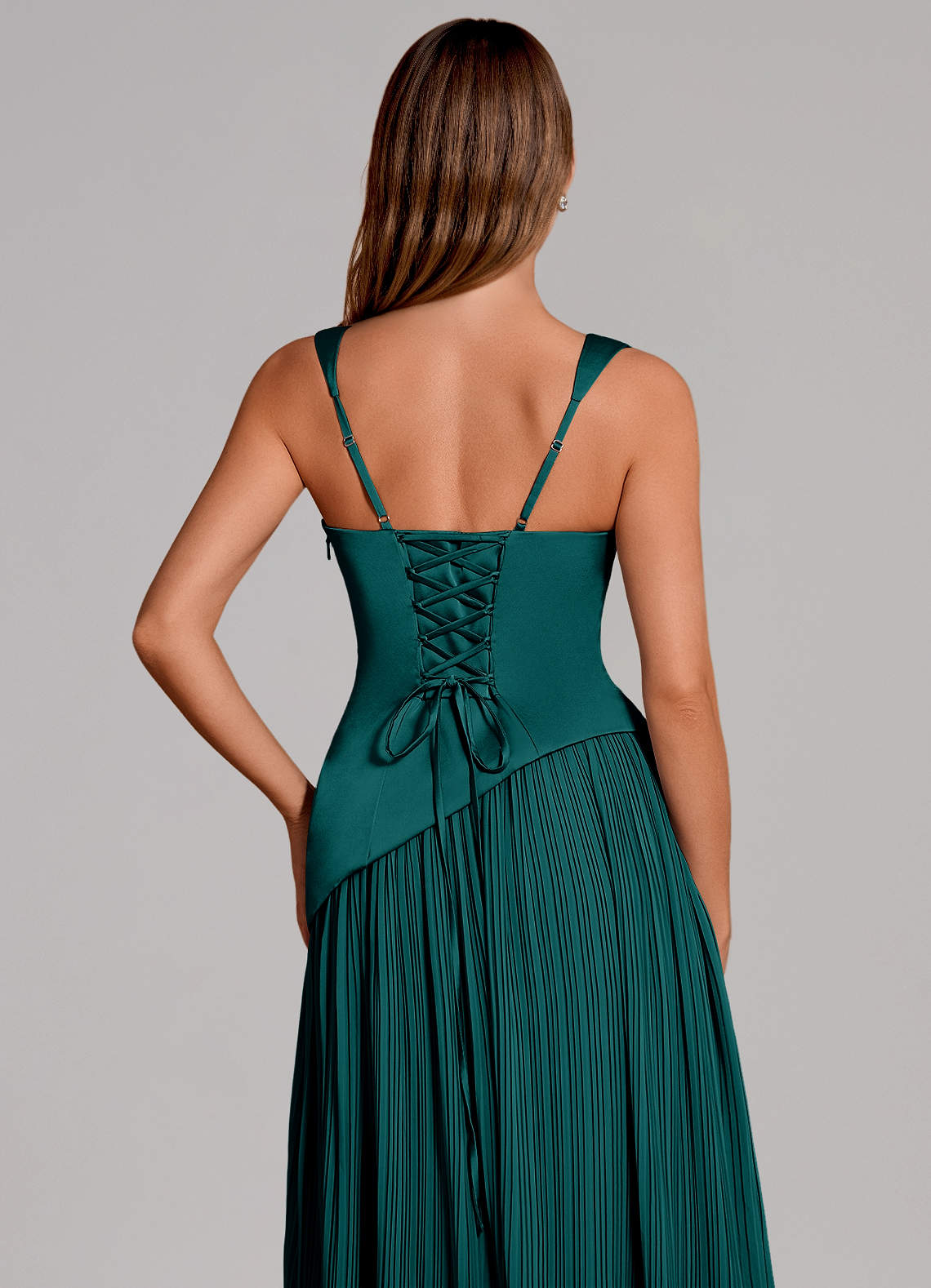 Stephanie A-Line Square-Neck Stretch Satin and Chiffon Bridesmaid Dress in Peacock