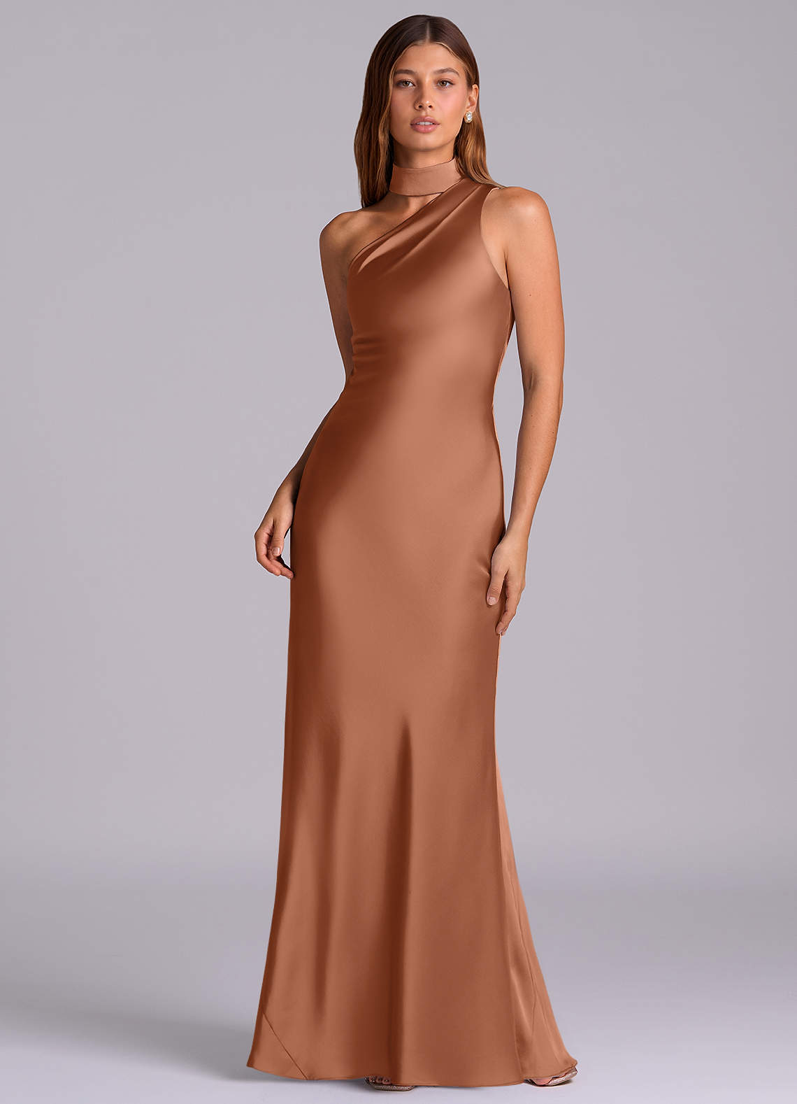 Seona Mermaid One-Shoulder Stretch Satin and Tulle Bridesmaid Dress in Bronzer