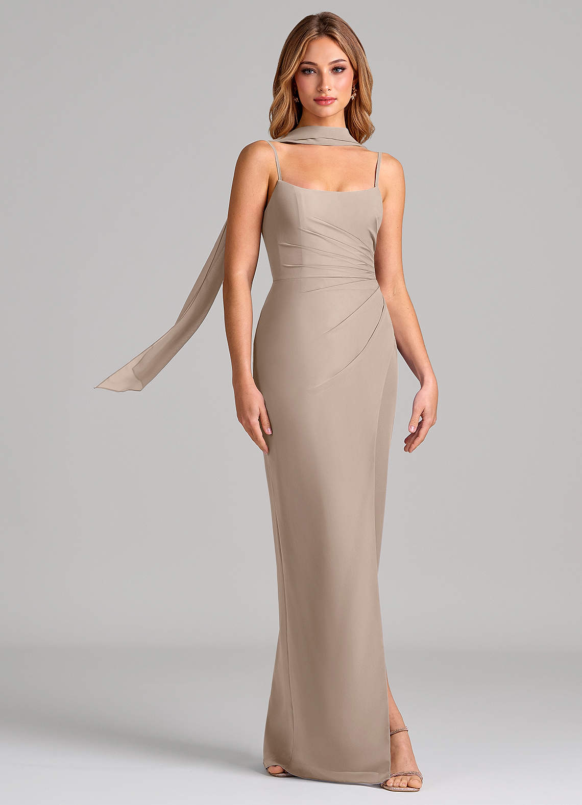 Calandra Sheath Scoop-Neck Chiffon Bridesmaid Dress in Taupe