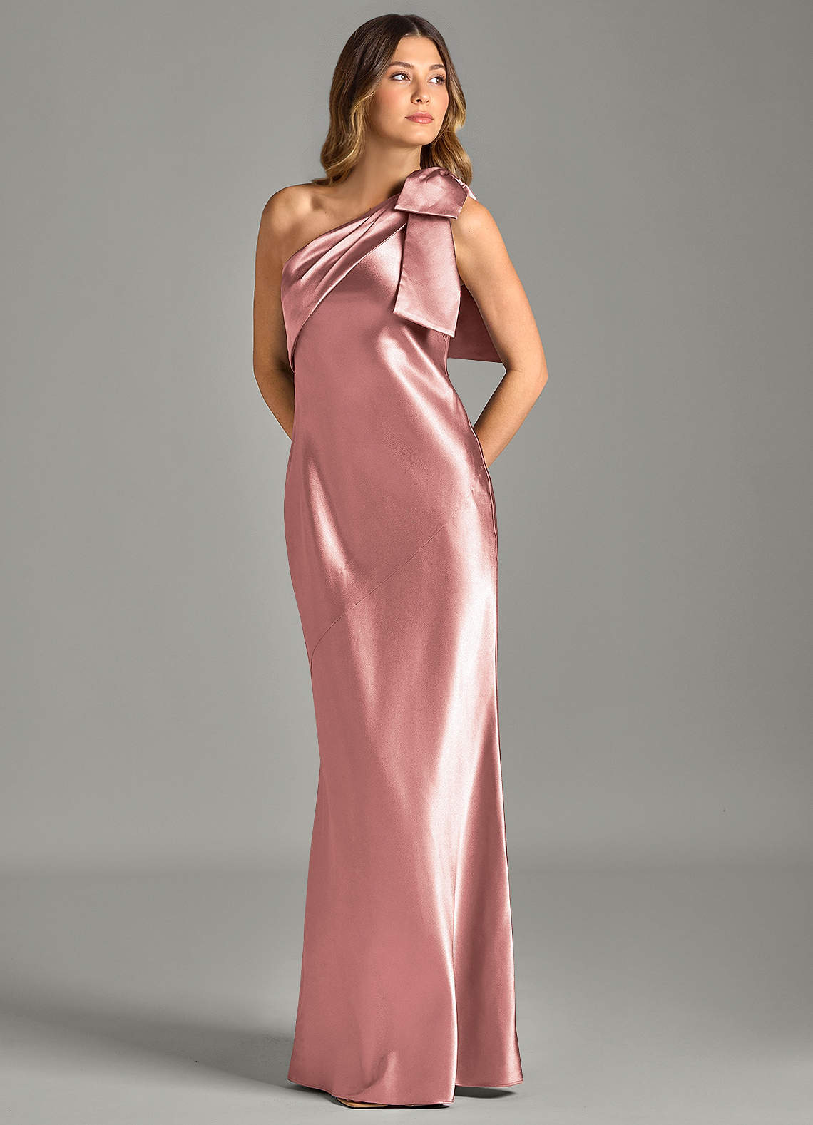 Yuanna Mermaid One-Shoulder Metallic Satin Bridesmaid Dress in dusty rose