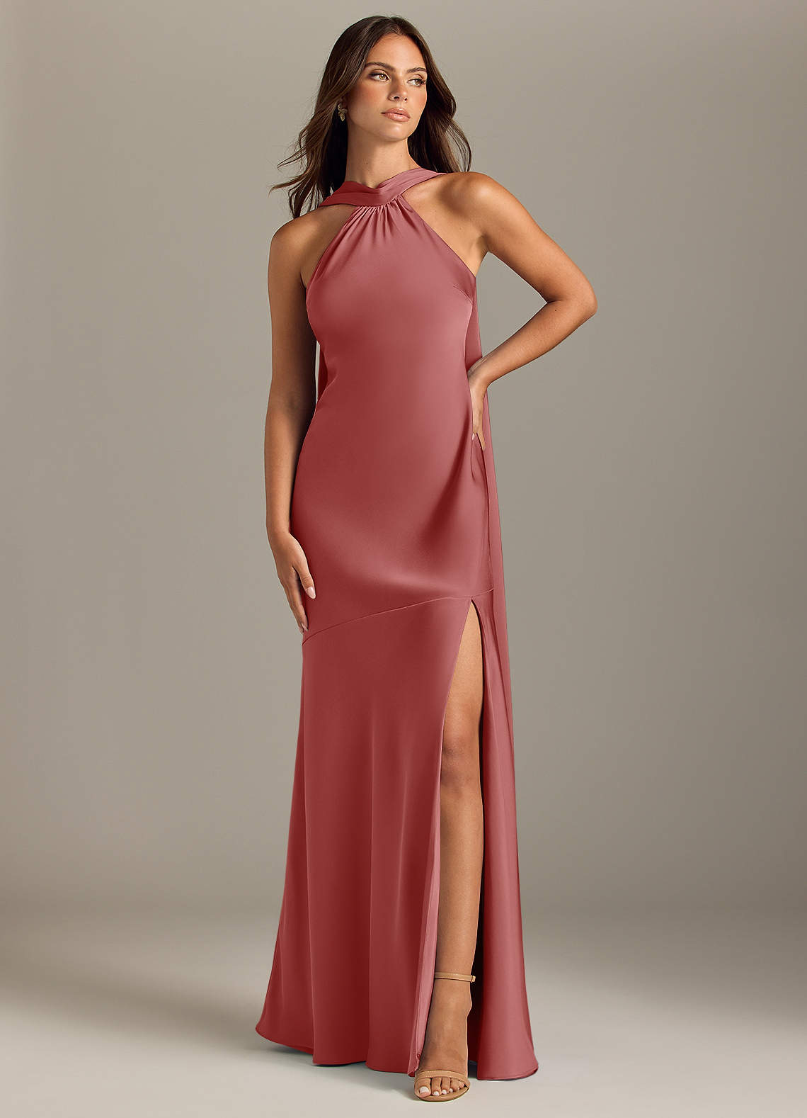Kinsley Mermaid Halter Stretch Satin Bridesmaid Dress in Antique Rose