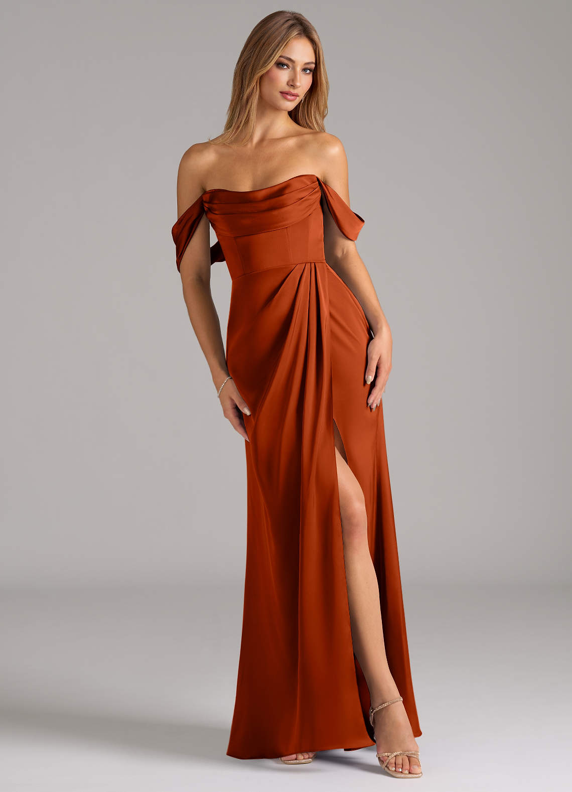 Johana Mermaid Off-the-Shoulder Stretch Satin Bridesmaid Dress in Paprika