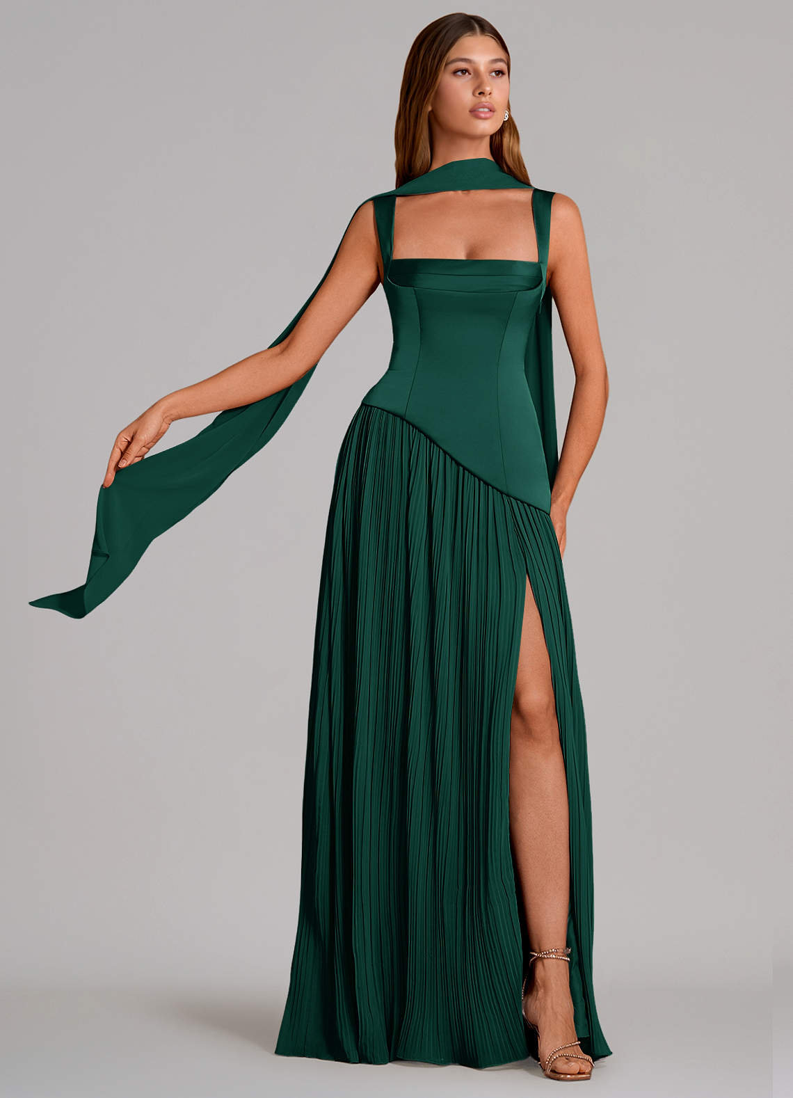 Stephanie A-Line Square-Neck Stretch Satin and Chiffon Bridesmaid Dress in Emerald