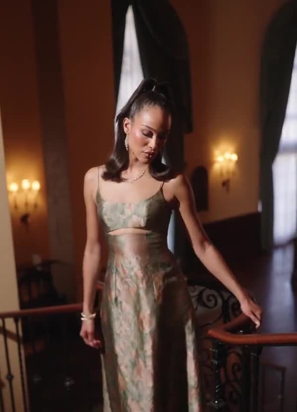 Dova A-Line Scoop-Neck Brocade Evening Dress in Vintage Teal