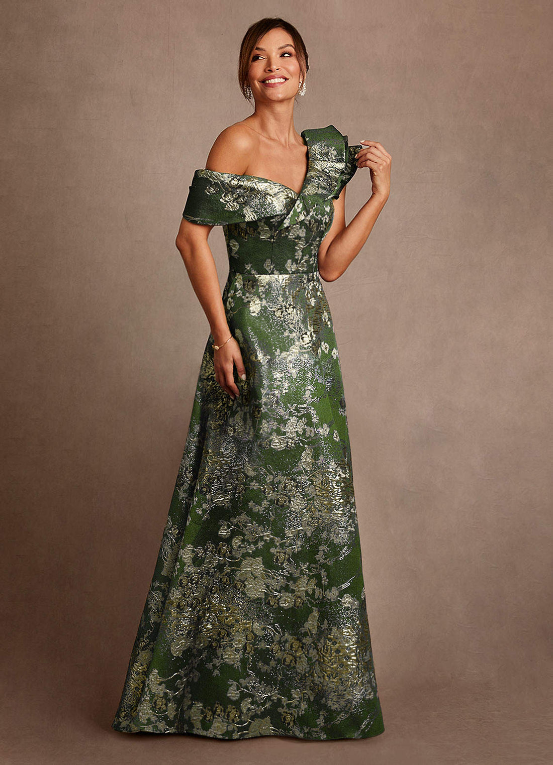 Des Moines A-Line One-Shoulder Floral Jacquard Mother of the Bride Dress in Matcha Green