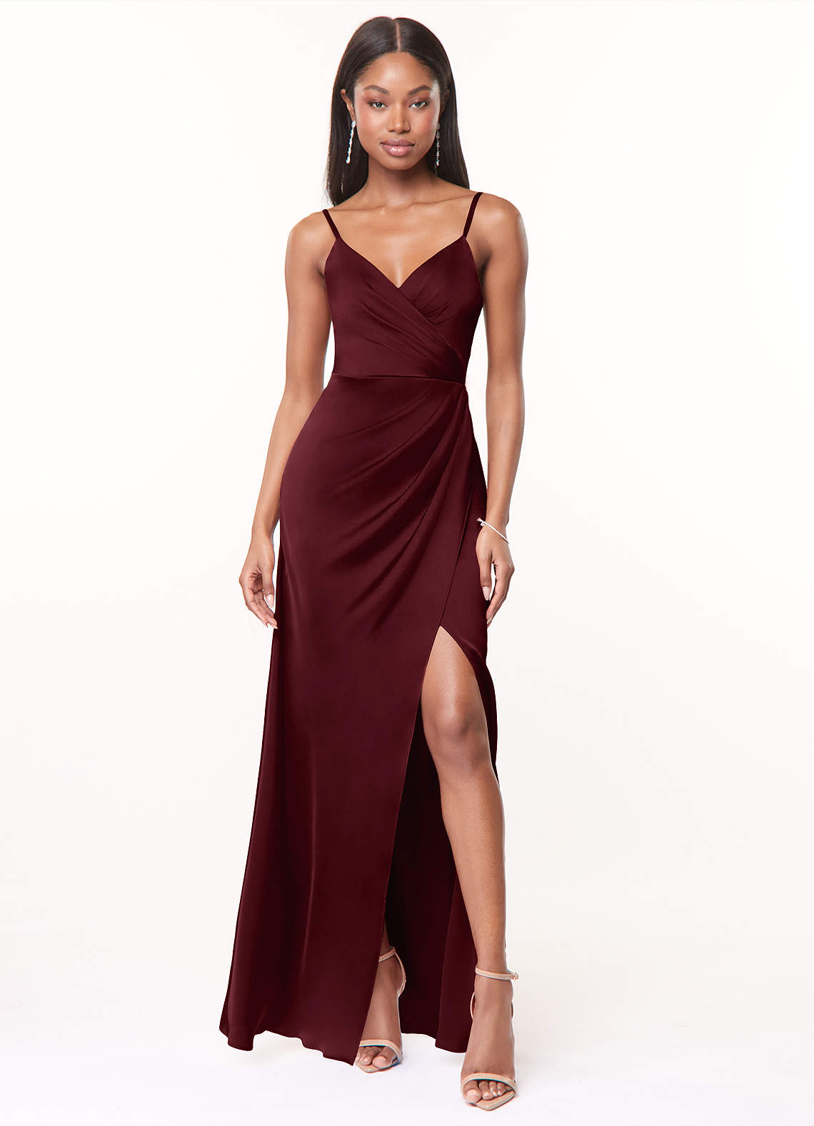 Maci A-Line V-Neck Stretch Satin Bridesmaid Dress in Cabernet
