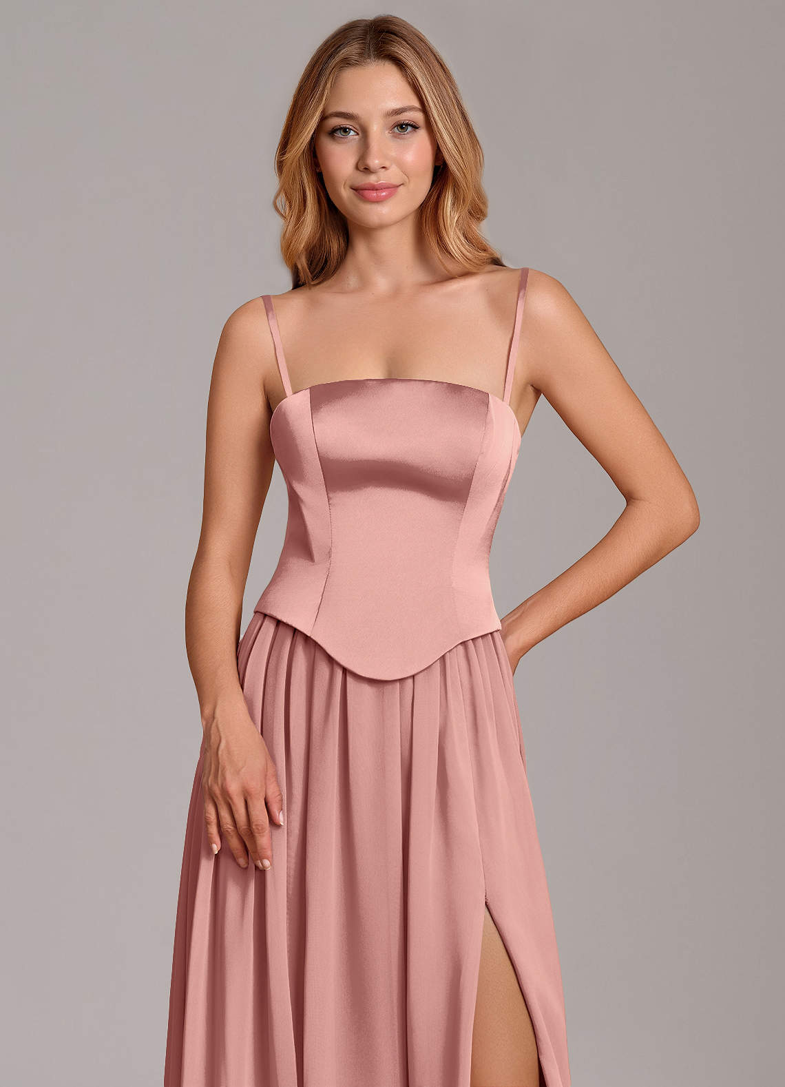 Cadence A-Line Strapless Chiffon and Stretch Satin Bridesmaid Dress in Rosette