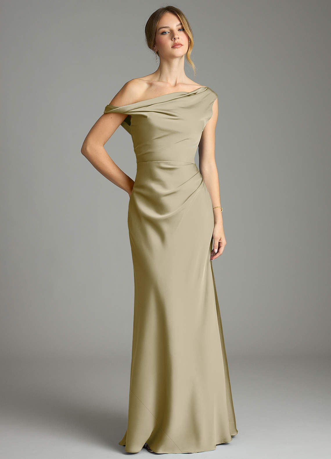 Emerson Mermaid One-Shoulder Stretch Satin Bridesmaid Dress in Moss Green