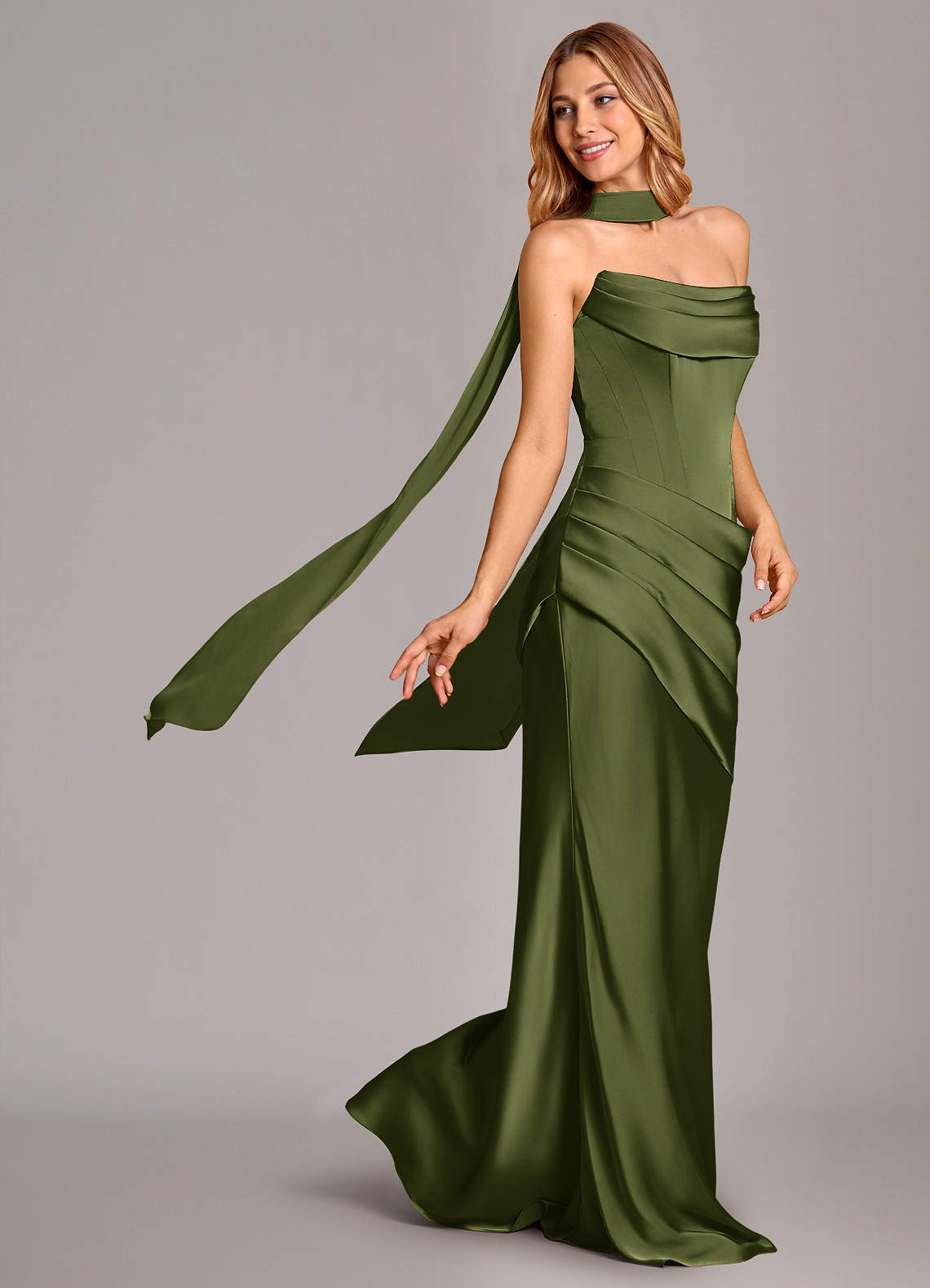 Pelagia Mermaid Cowl-Neck Stretch Satin Bridesmaid Dress in Olive