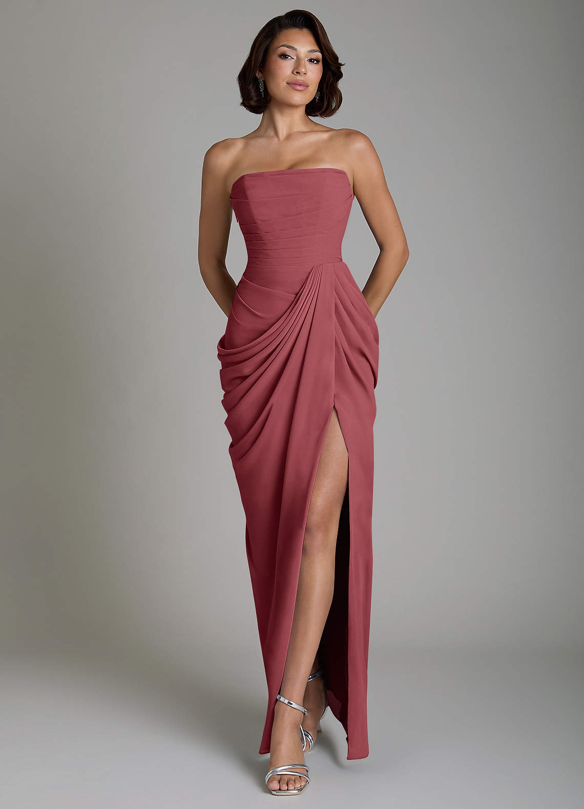 Nyra Sheath Strapless Chiffon Bridesmaid Dress in Merlot