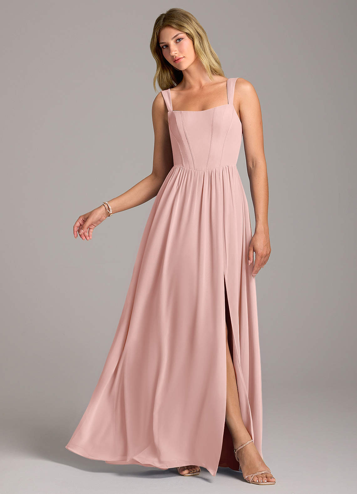 Rosaline A-Line Square-Neck Chiffon Bridesmaid Dress in Powder Pink