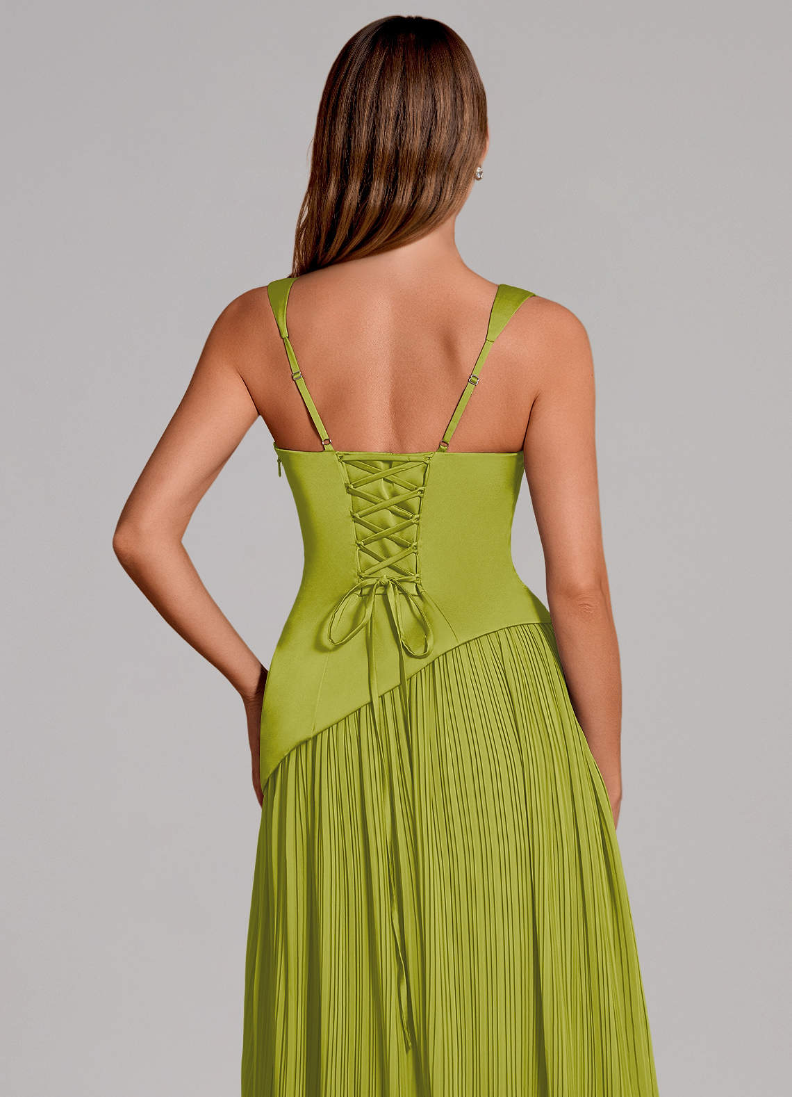 Stephanie A-Line Square-Neck Stretch Satin and Chiffon Bridesmaid Dress in Lemongrass