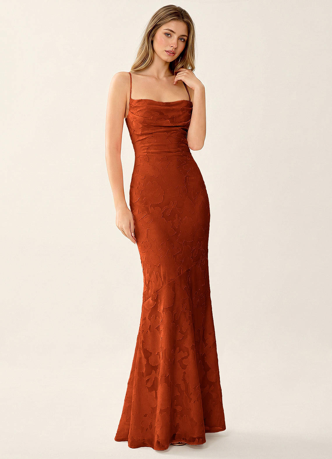 Natasha Mermaid Spaghetti-Strap Floral Burnout Evening Dress in Burgundy