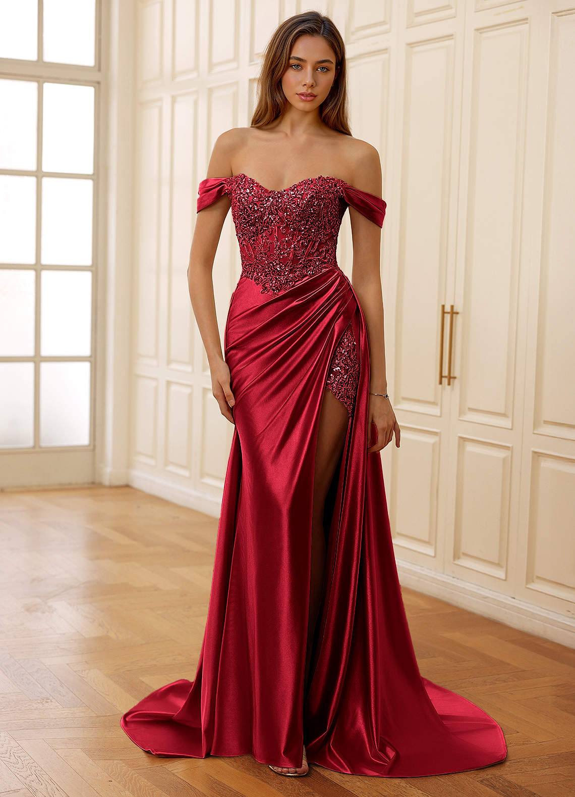 Rowane A-Line Off-the-Shoulder Satin Evening Dress in Red