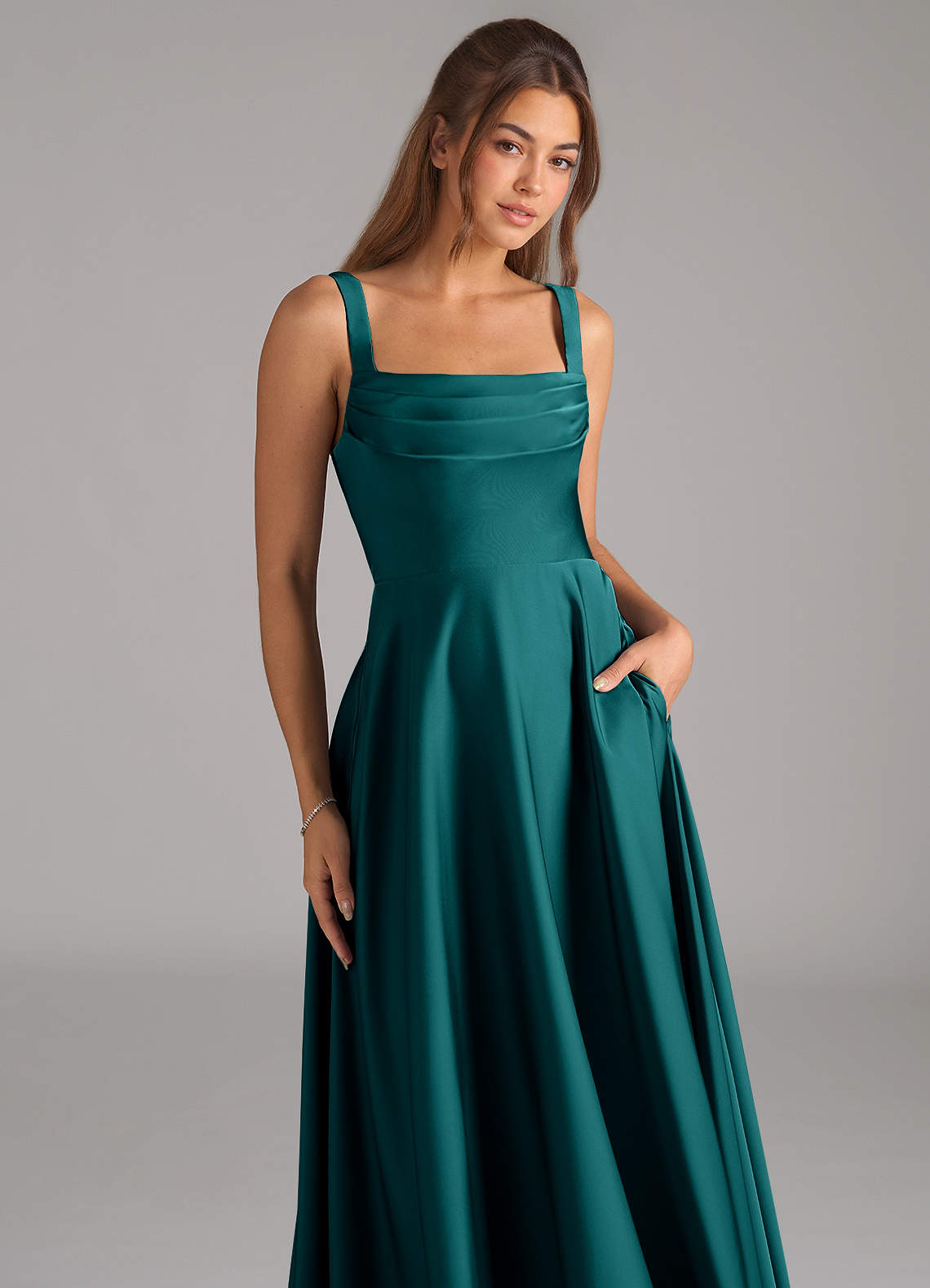 Shaude A-Line Square-Neck Stretch Satin Bridesmaid Dress in Peacock