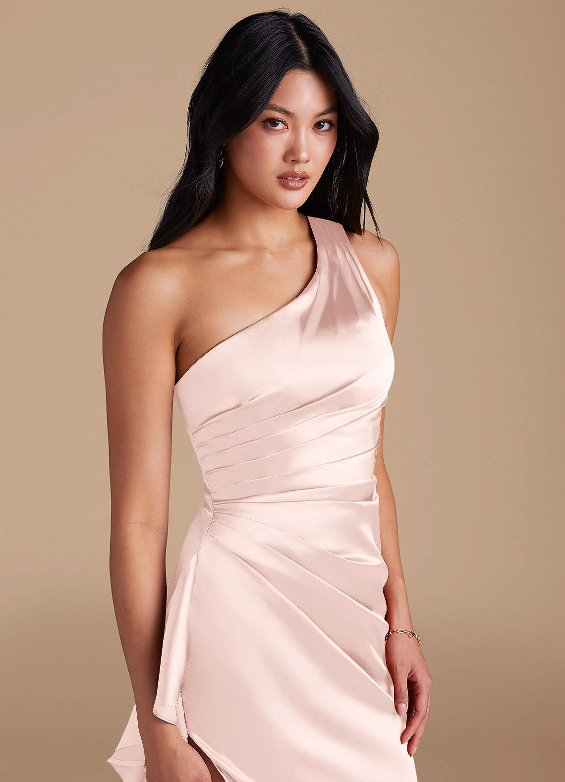 Latrice Sheath One-Shoulder Metallic Satin Bridesmaid Dress in Blushing Pink
