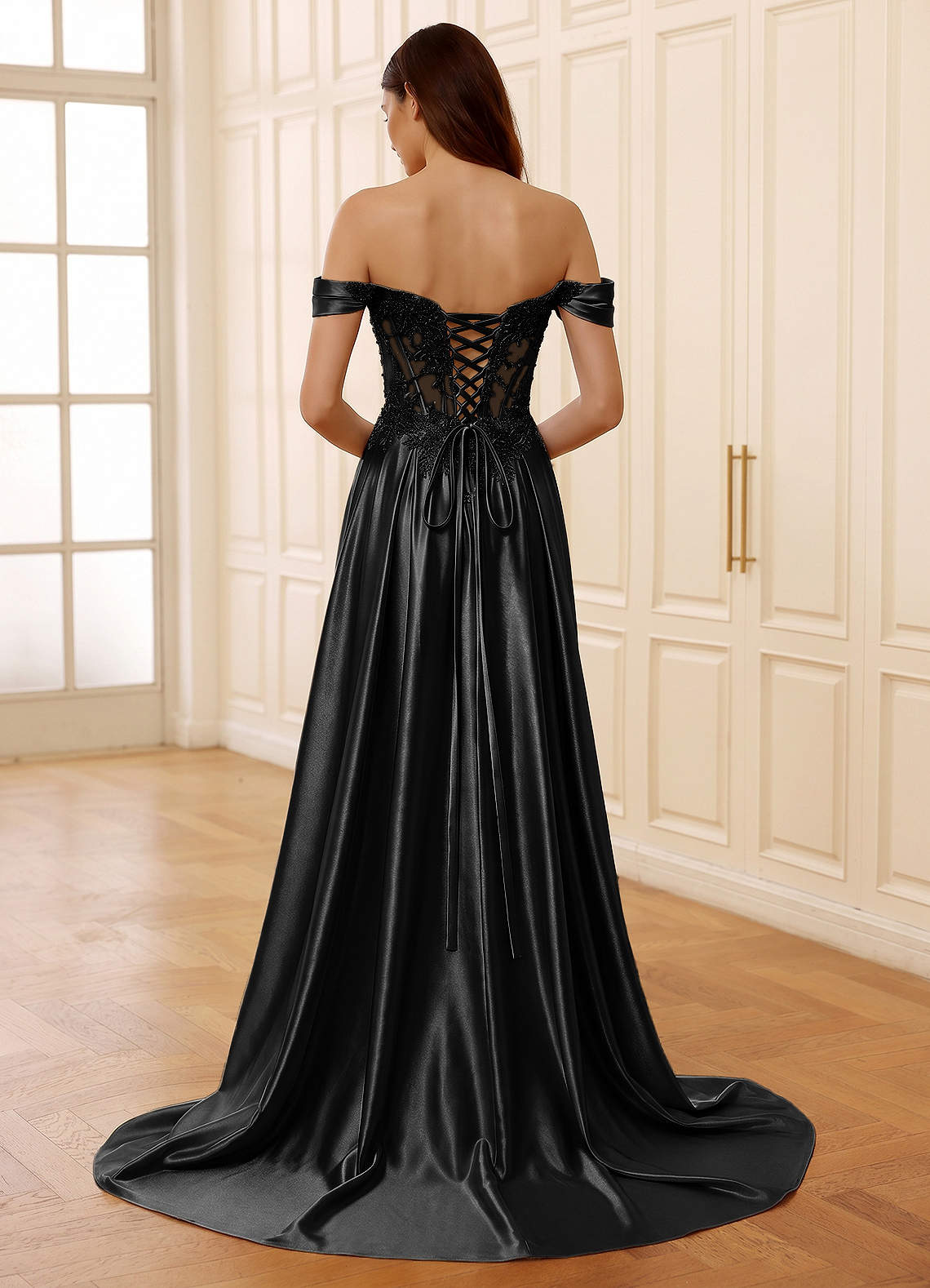 Rowane A-Line Off-the-Shoulder Satin Evening Dress in black