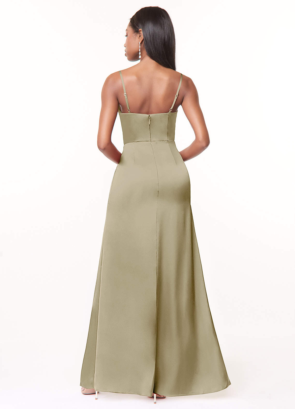 Maci A-Line V-Neck Stretch Satin Bridesmaid Dress in Moss Green