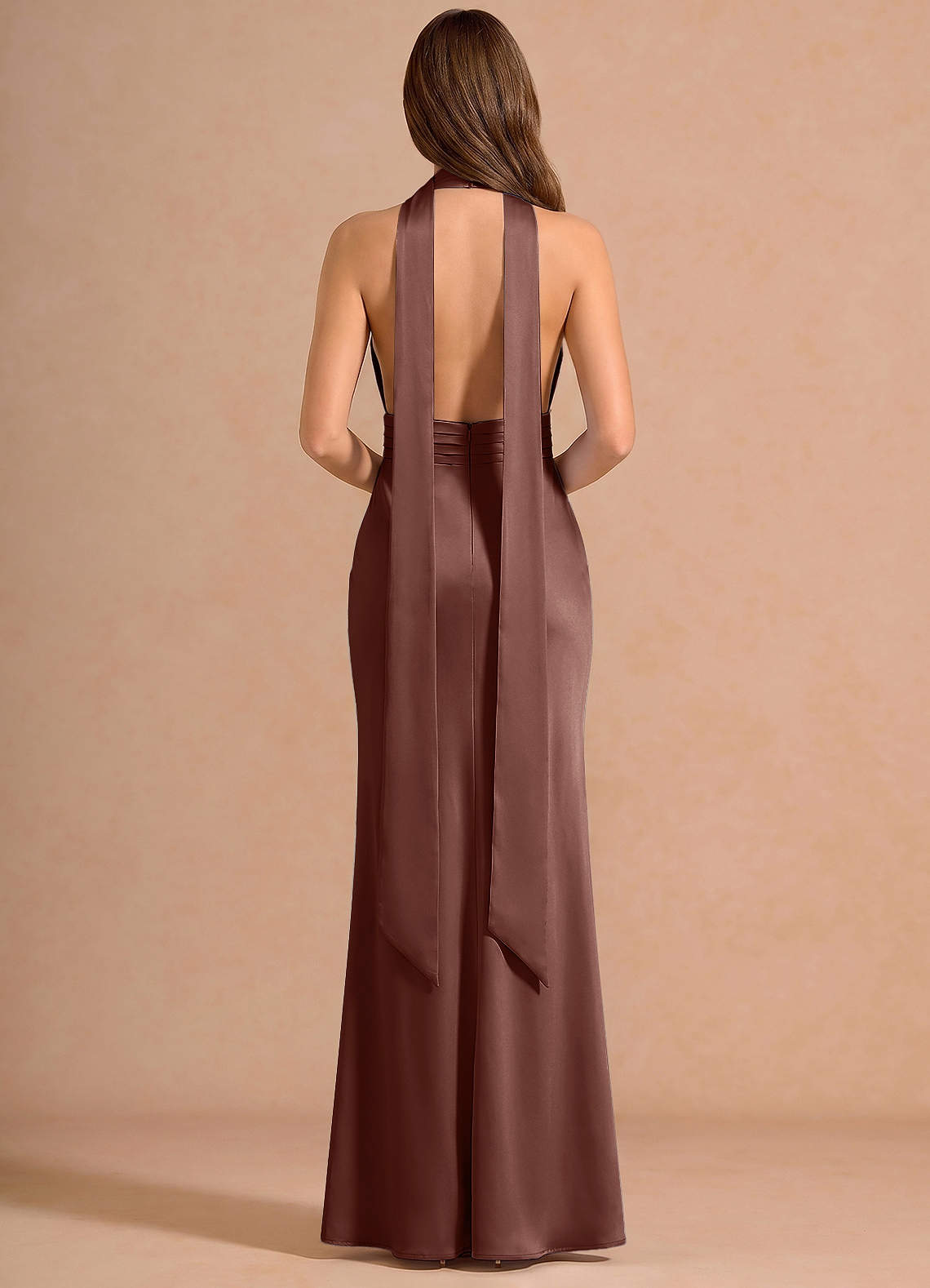 Linnea A-Line V-Neck Stretch Satin Evening Dress in Mocha Coco