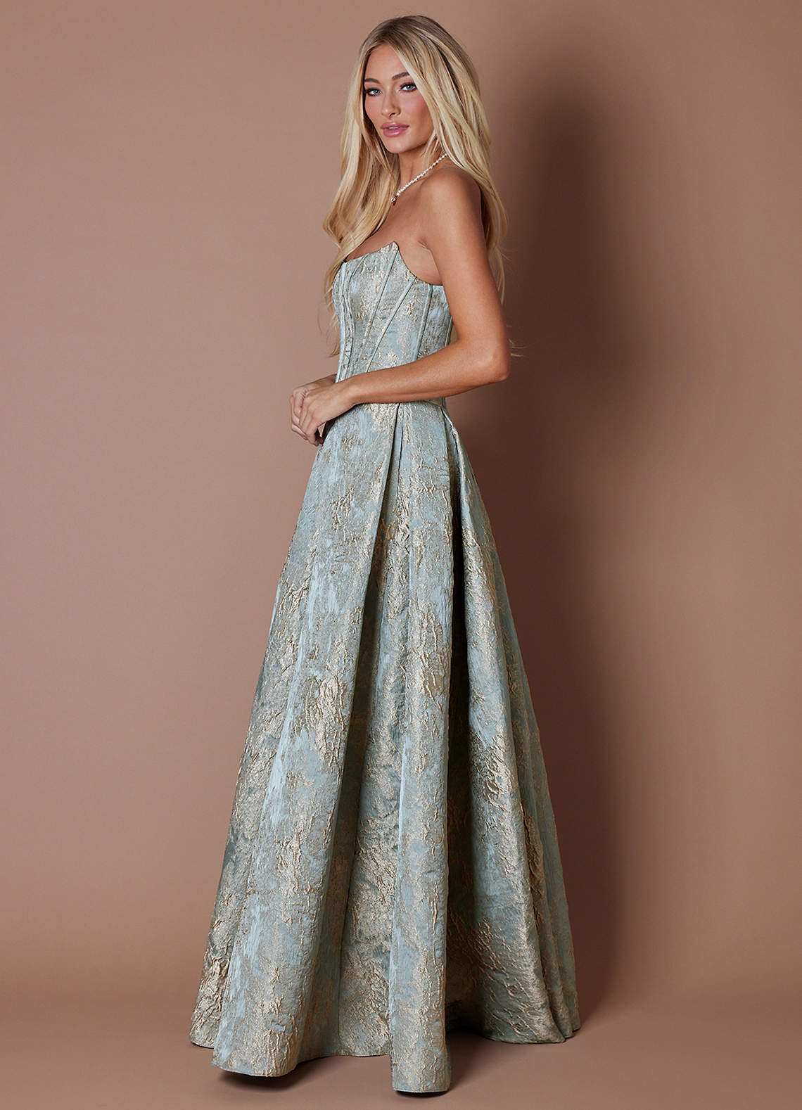 Lesley Ball Gown Strapless Brocade Evening Dress in Gilded Steel
