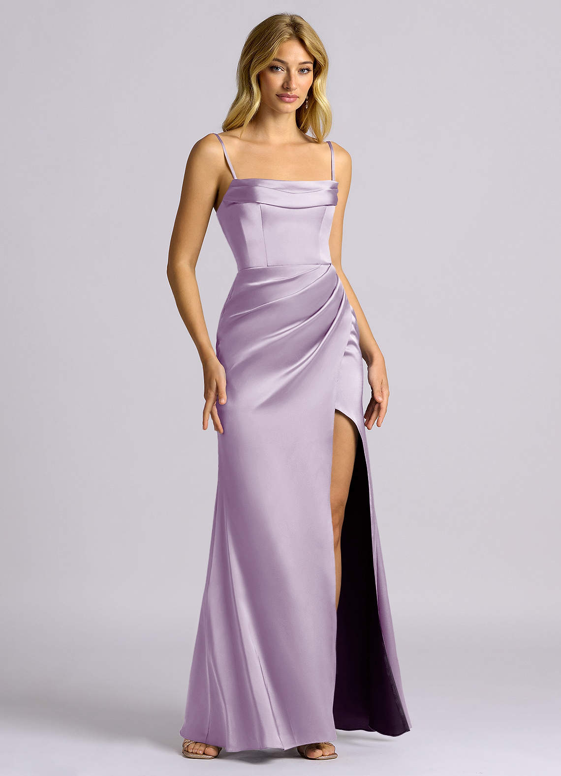 Auden Sheath Off-the-Shoulder Stretch Satin Bridesmaid Dress in Frosted Lilac