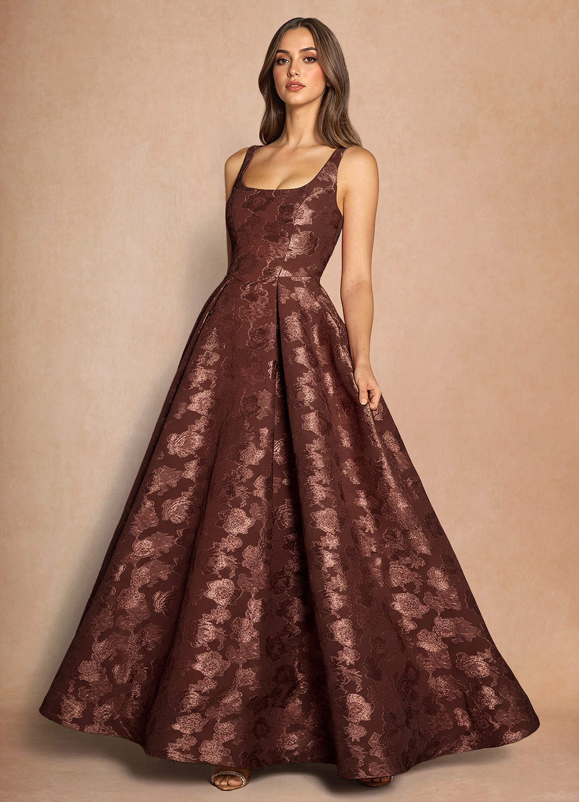 Briac A-Line Scoop-Neck Fil Coupé Evening Dress in Mocha Coco