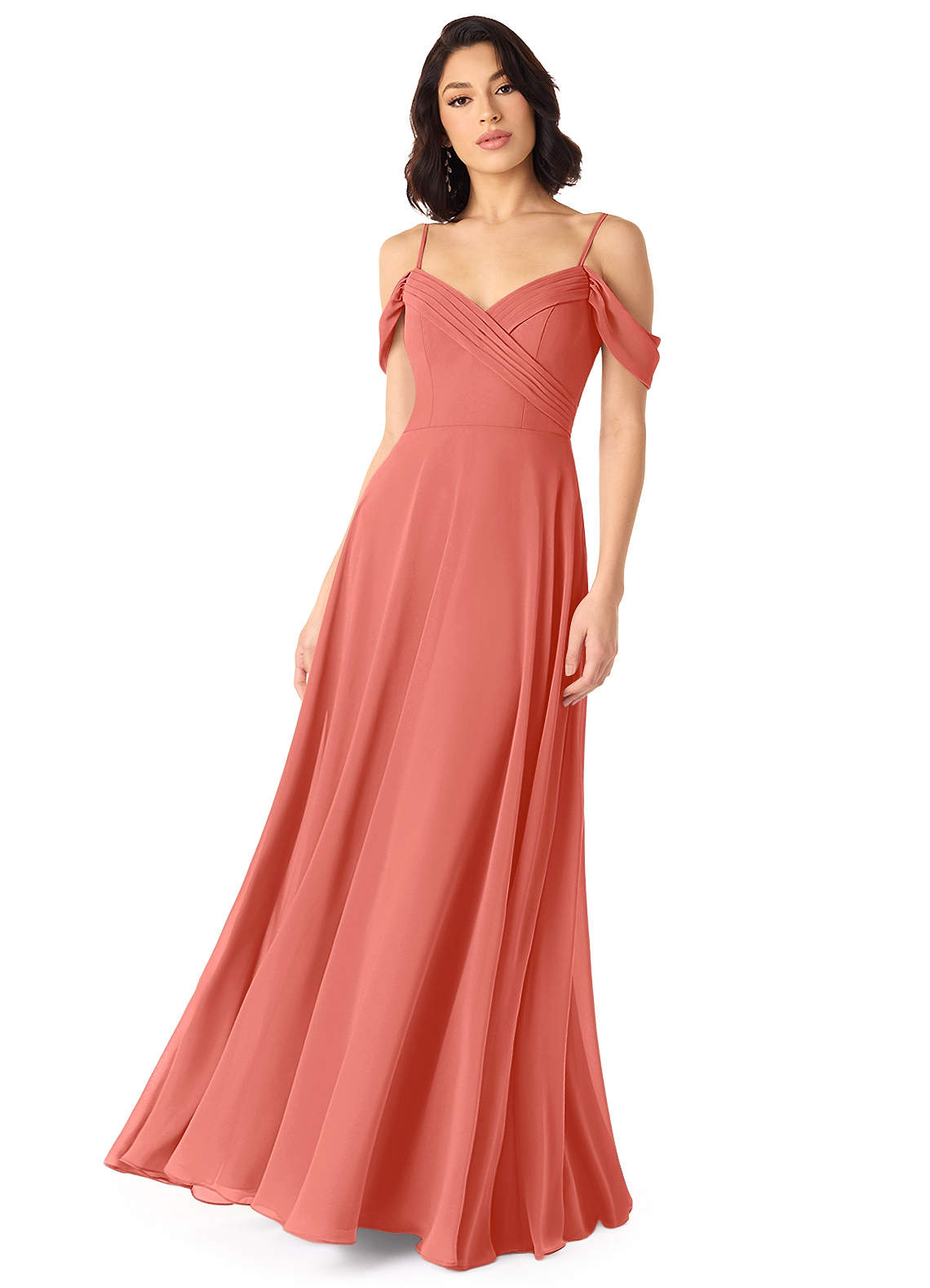 Tancie A-Line Off-the-Shoulder Chiffon Bridesmaid Dress in Salmon Pink