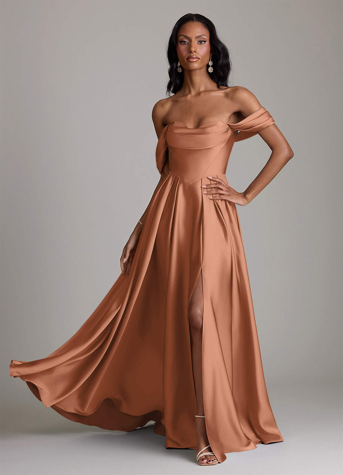 Loisa A-Line Off-the-Shoulder Stretch Satin Bridesmaid Dress in Bronzer