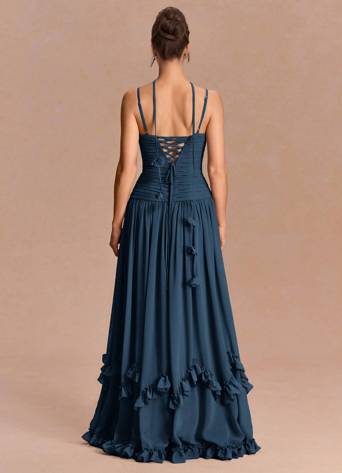 Eulalie A-Line Floral-Appliqué Chiffon Evening Dress in Navy