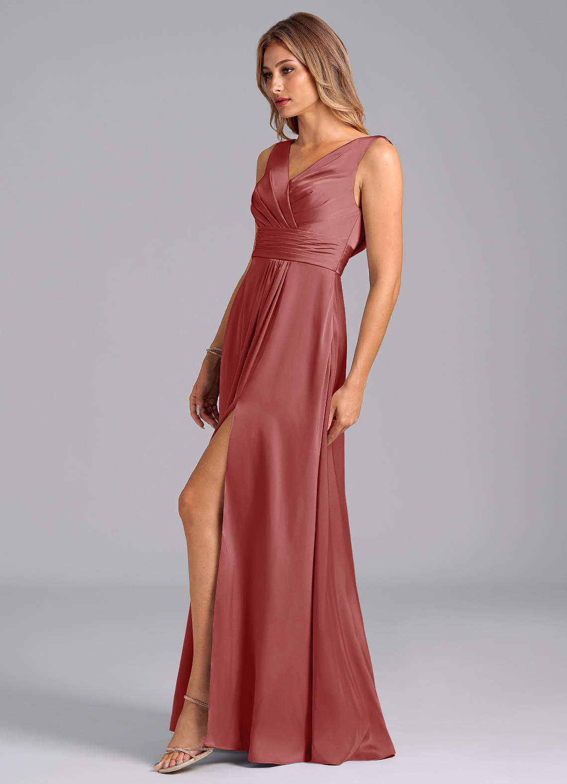 Karina A-Line V-Neck Stretch Satin Bridesmaid Dress in Antique Rose