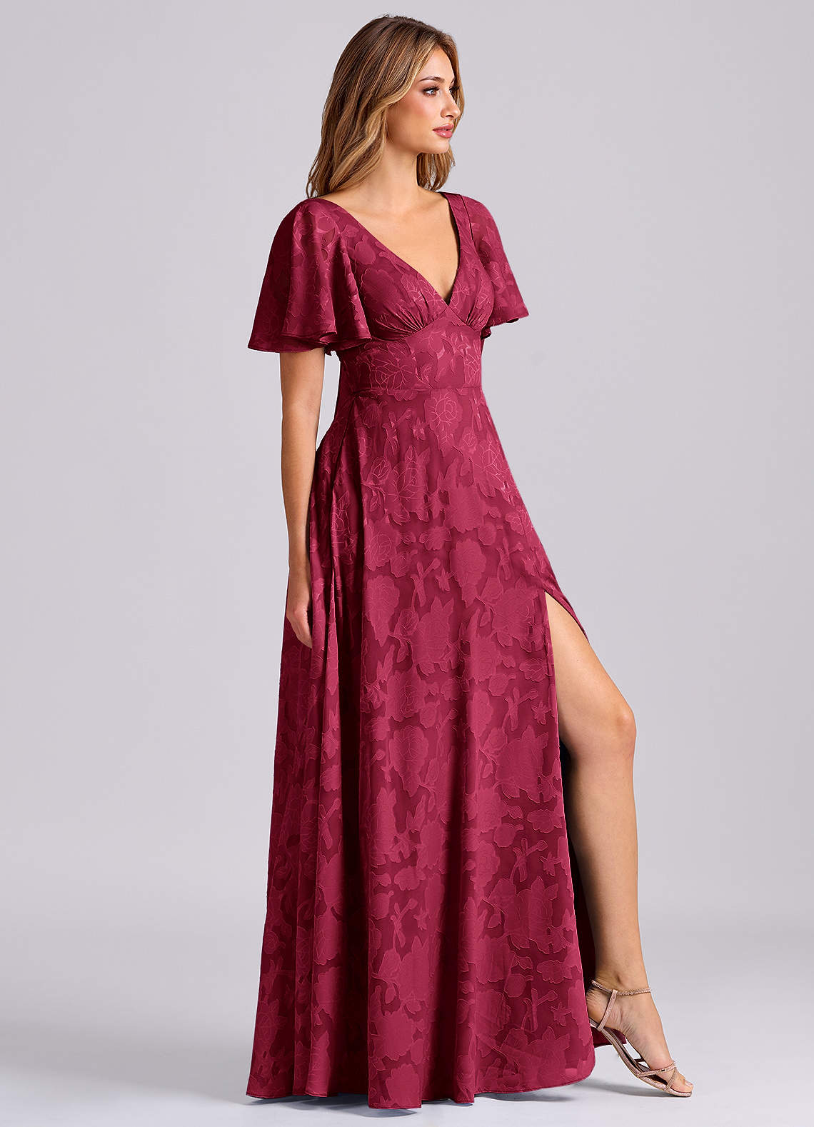 Kimber A-Line V-Neck Floral Burnout Bridesmaid Dress in Burgundy