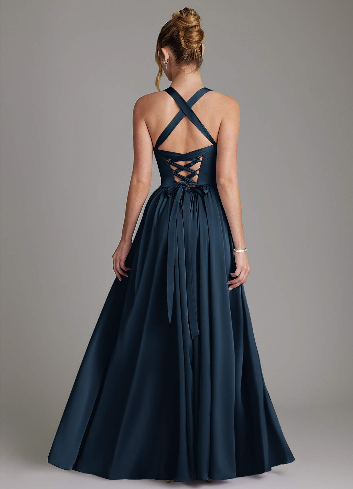 Francis A-Line V-Neck Stretch Satin Bridesmaid Dress in Dark Navy