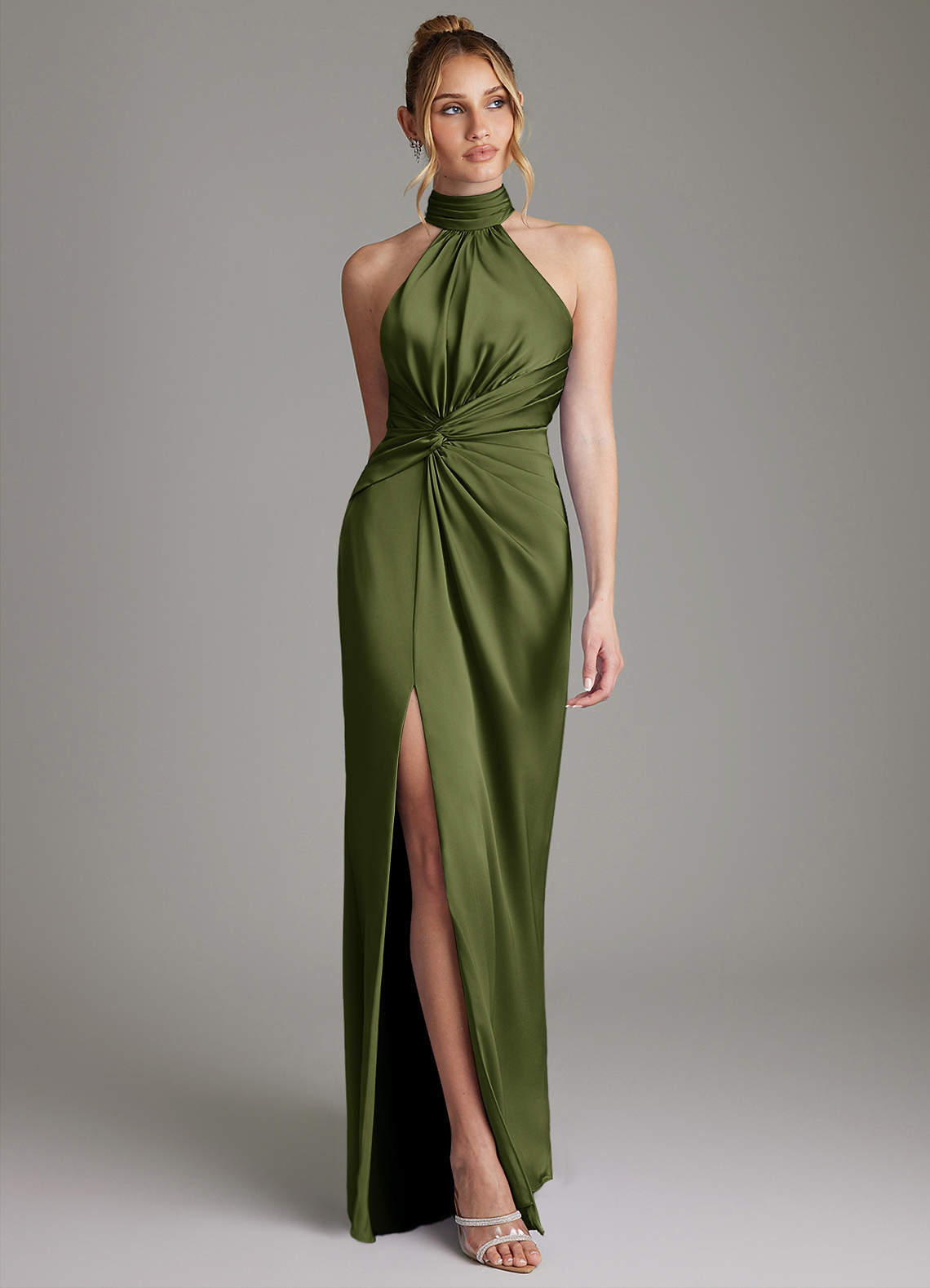 Gracelynn Sheath Halter Stretch Satin Bridesmaid Dress in Olive