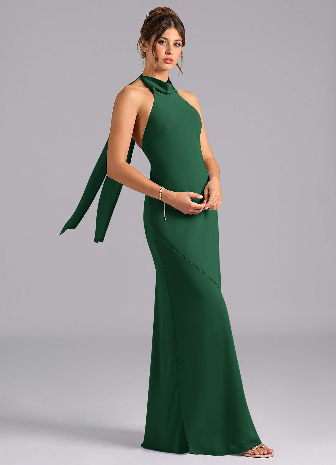 Velli Mermaid Halter Chiffon Bridesmaid Dress in Dark Green
