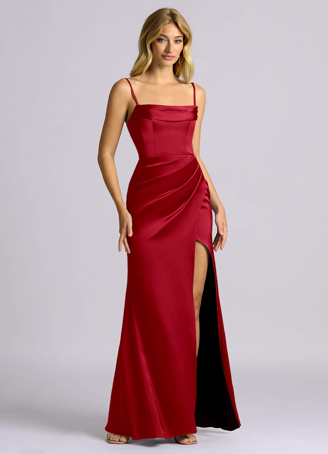 Auden Sheath Off-the-Shoulder Stretch Satin Bridesmaid Dress in Scarlet