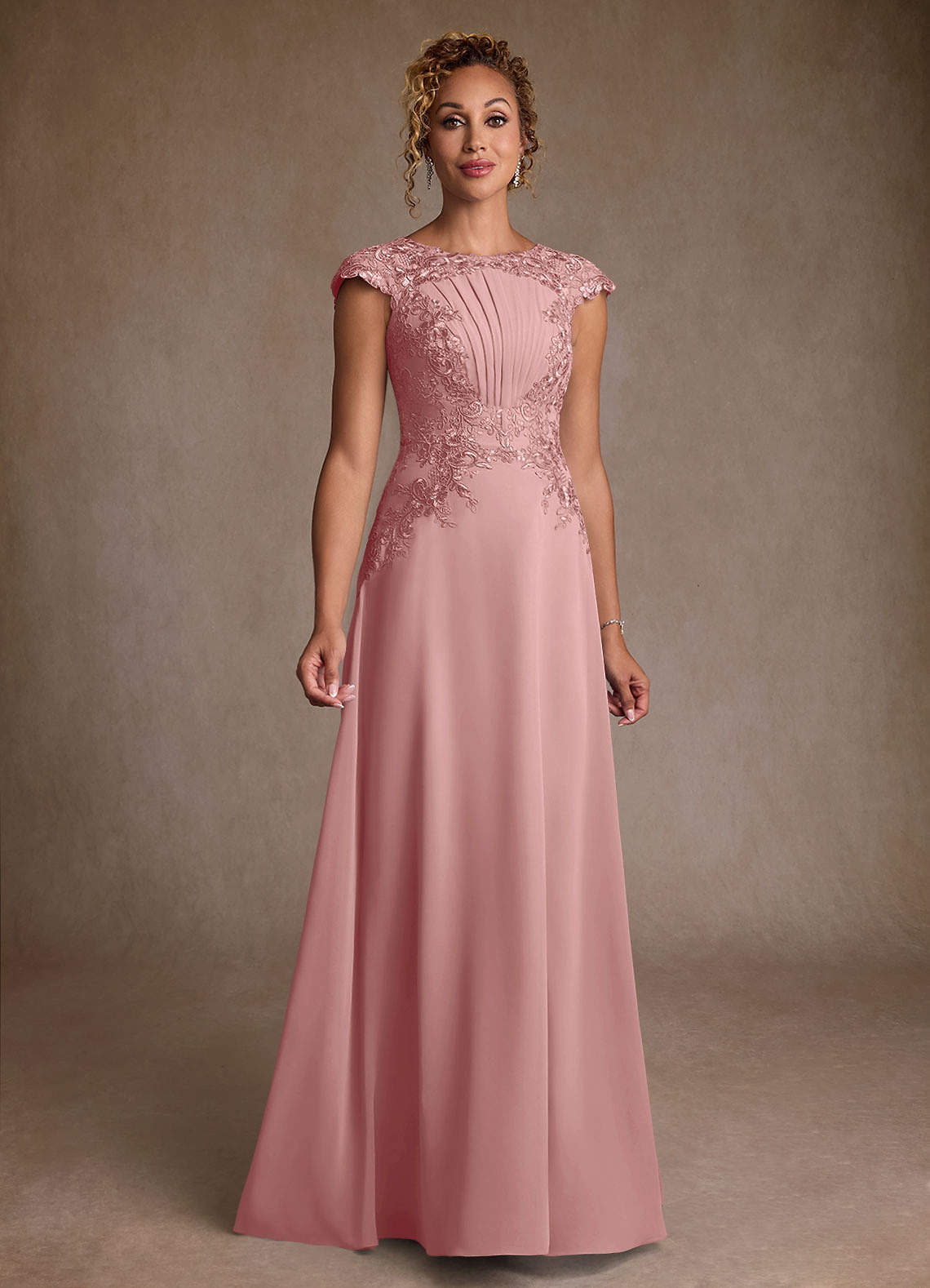 Christi A-Line Scoop-Neck Chiffon and Lace Mother of the Bride Dress in Dusty Rose