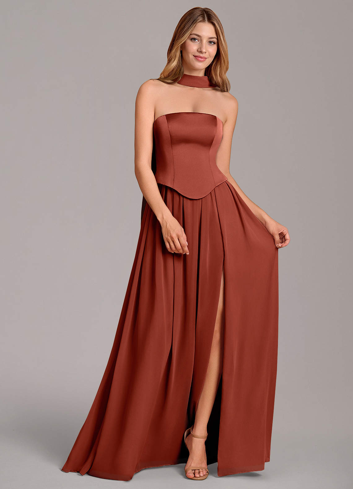 Cadence A-Line Strapless Chiffon and Stretch Satin Bridesmaid Dress in Terracotta
