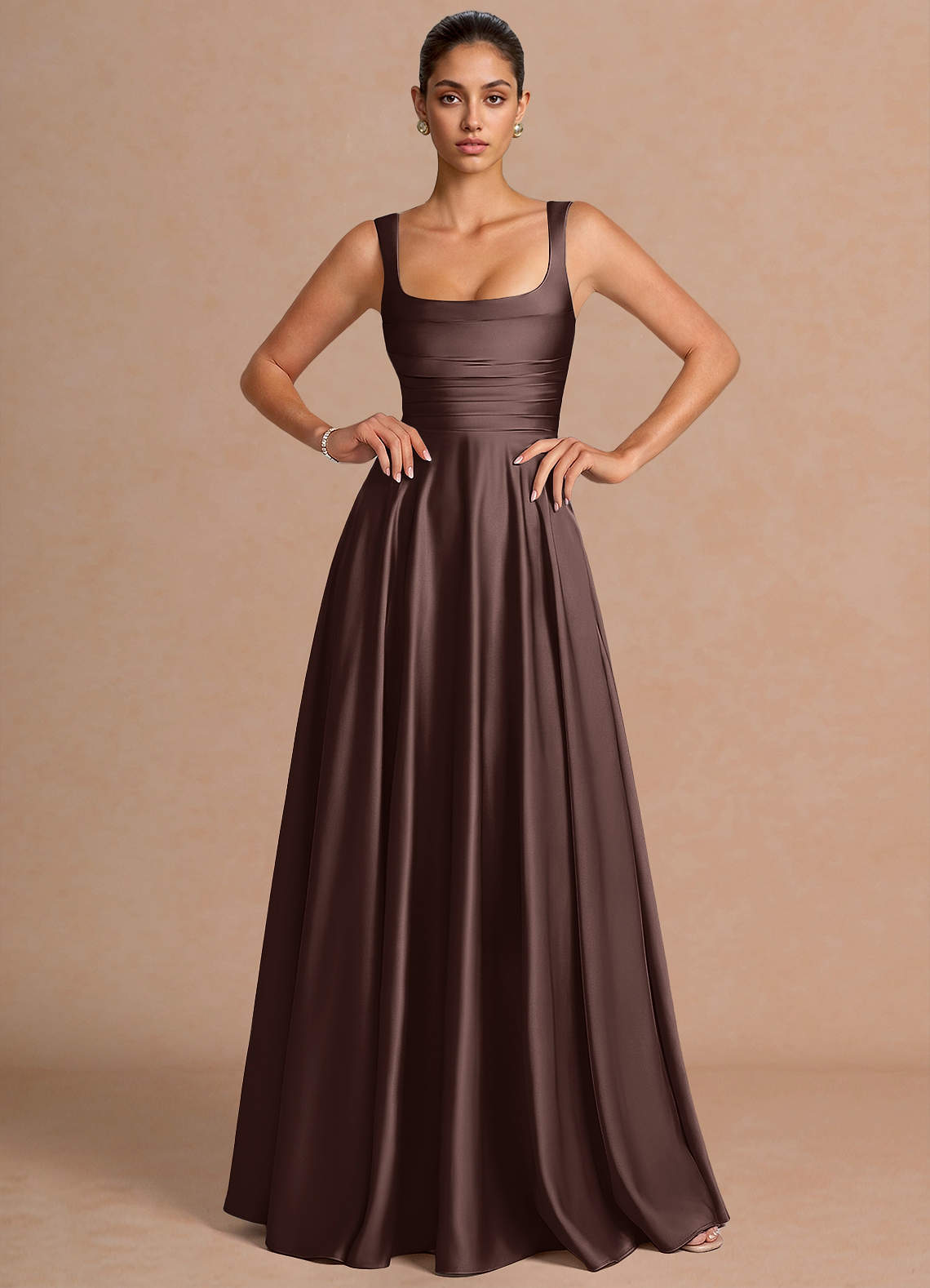 Azaria A-Line Square-Neck Stretch Satin Wedding Guest Dress in Haze blue