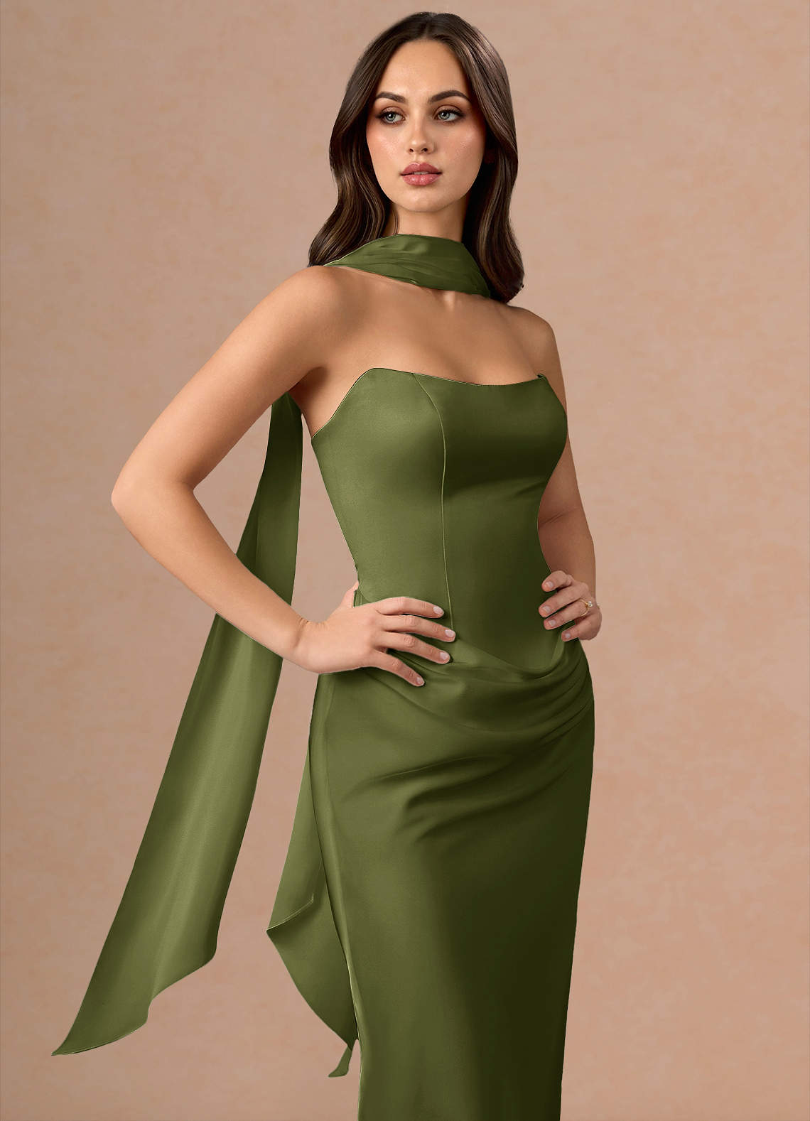 Valencia Scarf Lace-Up Stretch Satin Evening Dress in Olive