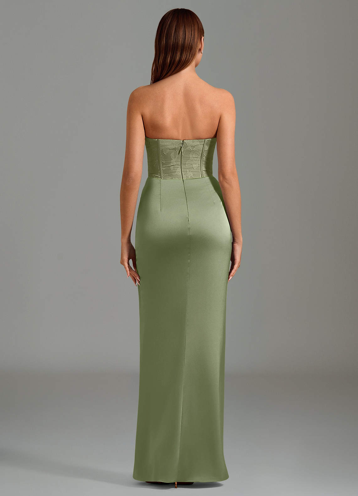Emilia Mermaid Strapless Stretch Satin and Floral Burnout Bridesmaid Dress in Pistachio