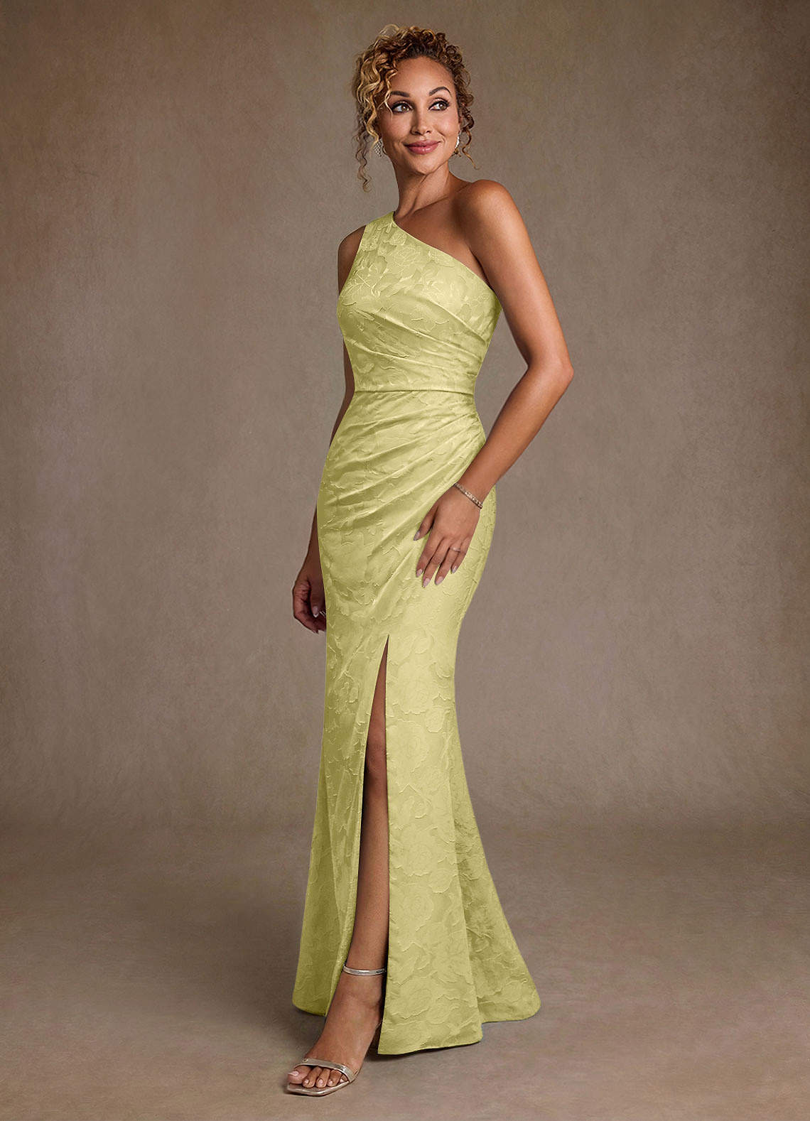 Joylin Trumpet One-Shoulder Floral Burnout Mother of the Bride Dress in Lemon Sorbet