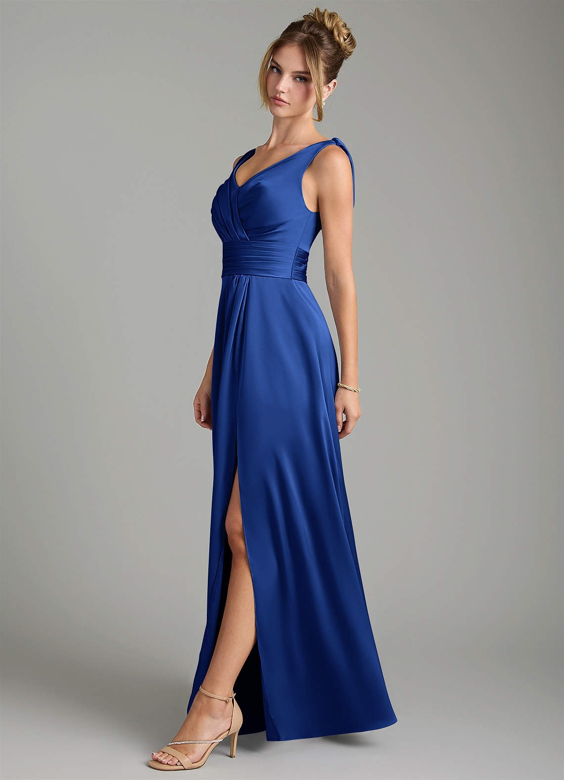 Karina A-Line V-Neck Stretch Satin Bridesmaid Dress in Royal Blue