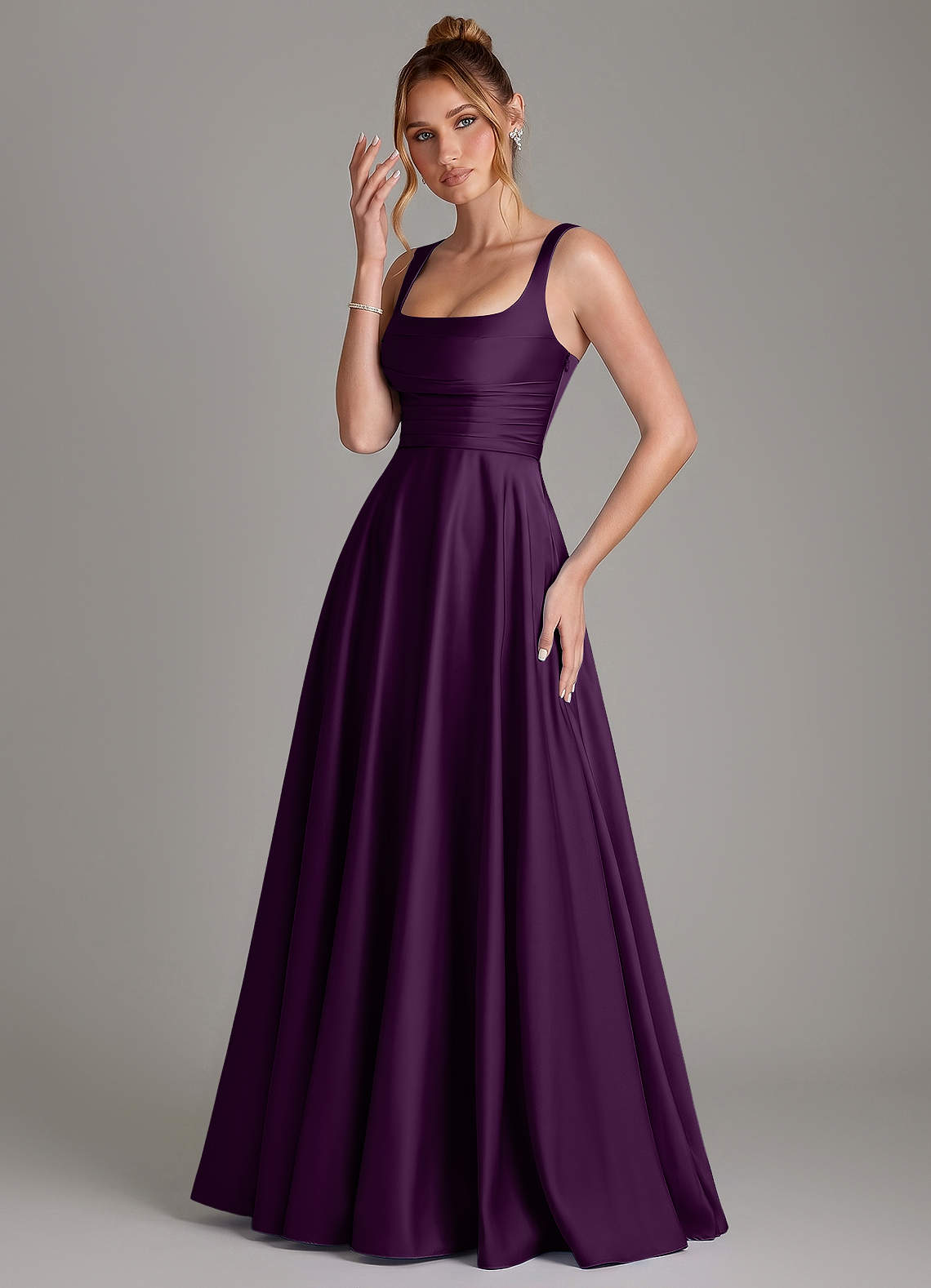 Azaria A-Line Square-Neck Stretch Satin Bridesmaid Dress in Grape
