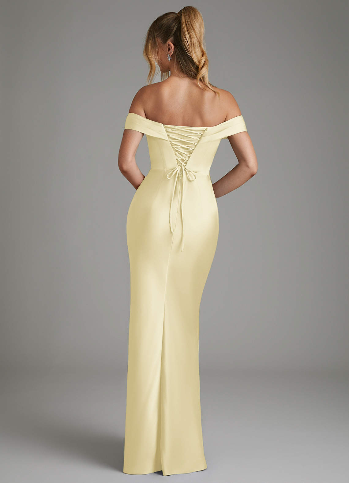Hayden Mermaid Off-the-Shoulder Stretch Satin Bridesmaid Dress in Lemon Sorbet