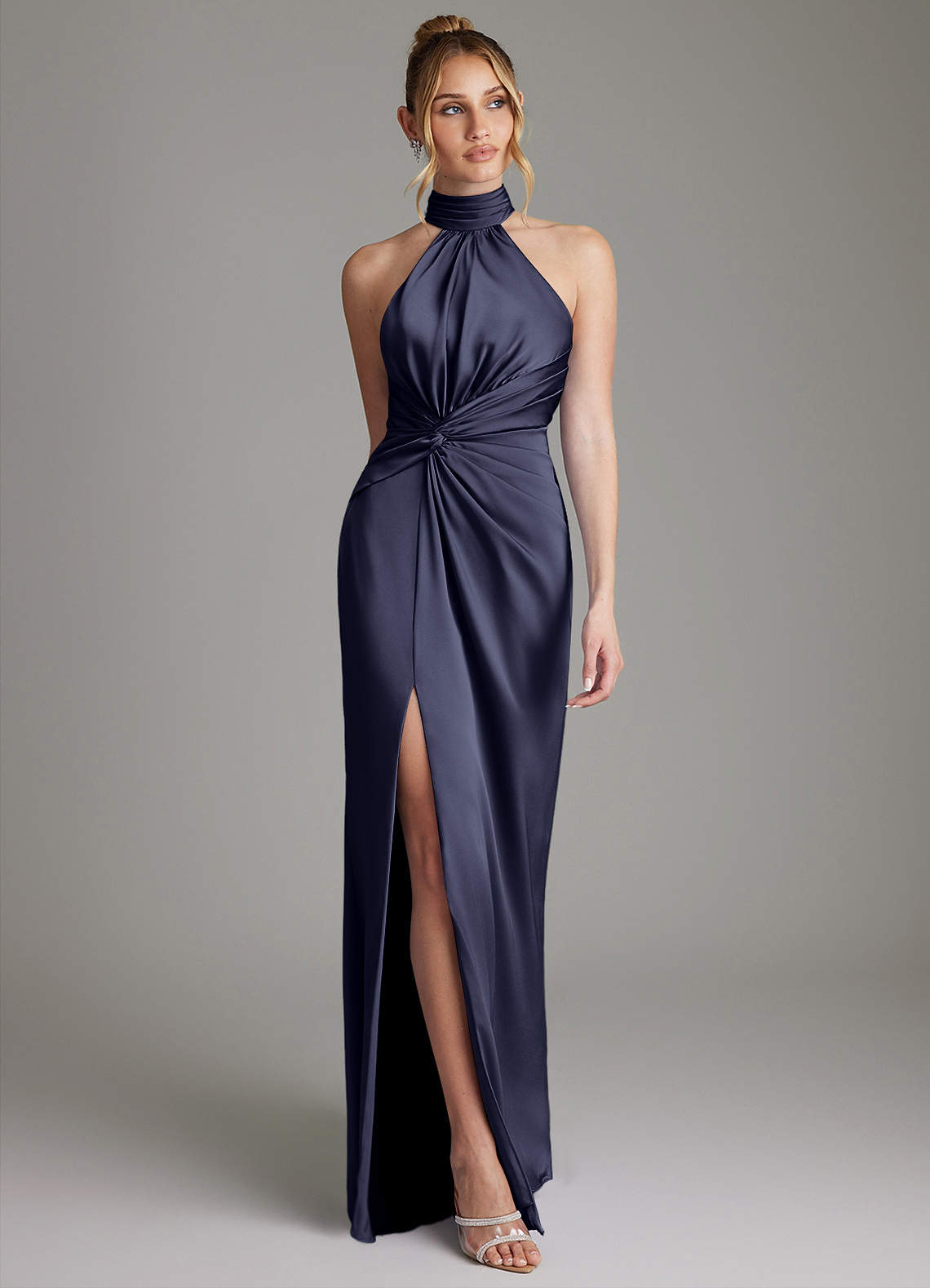 Gracelynn Sheath Halter Stretch Satin Bridesmaid Dress in Stormy