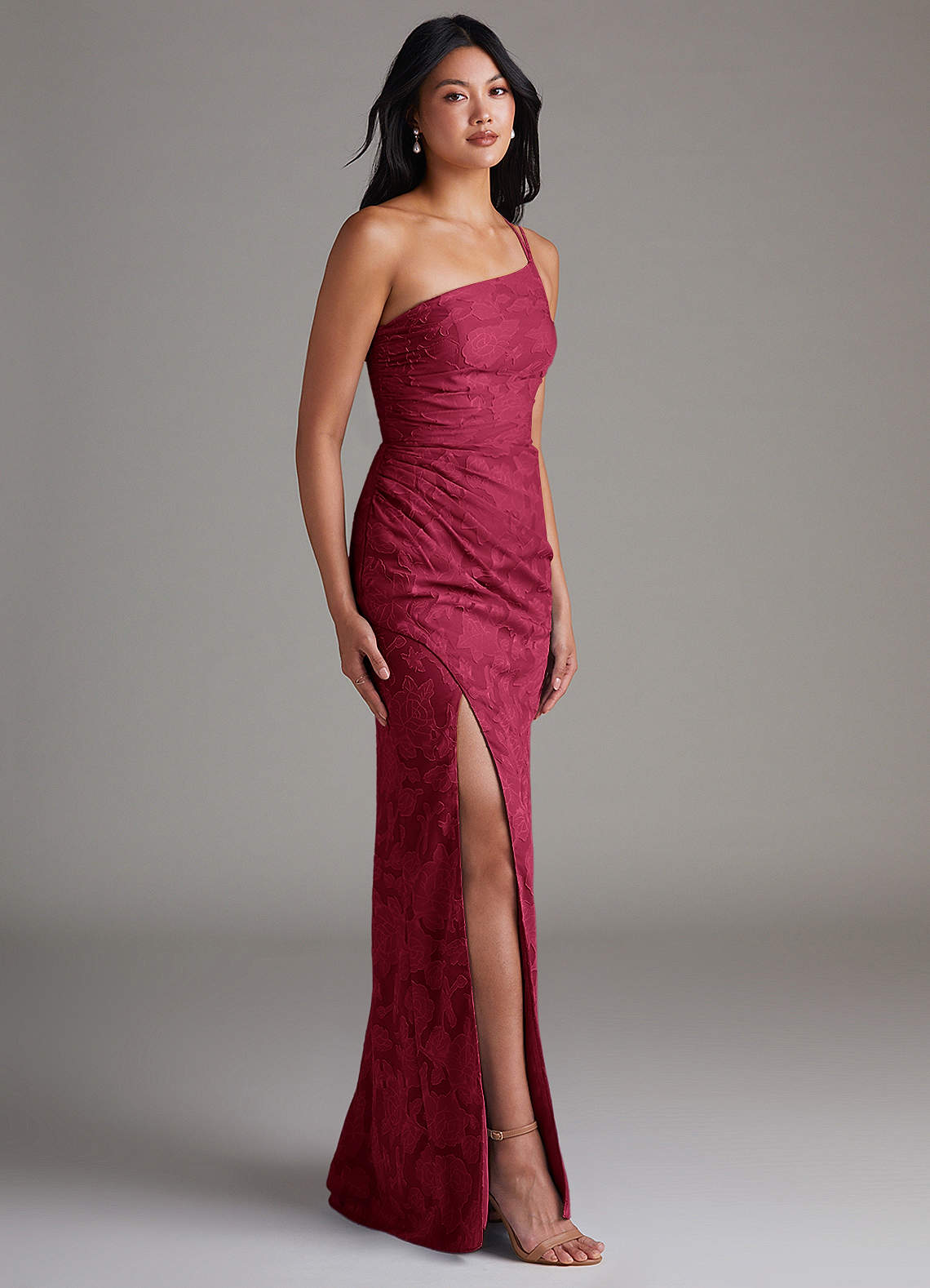 Eren Sheath One-Shoulder Floral Burnout Bridesmaid Dress in Burgundy
