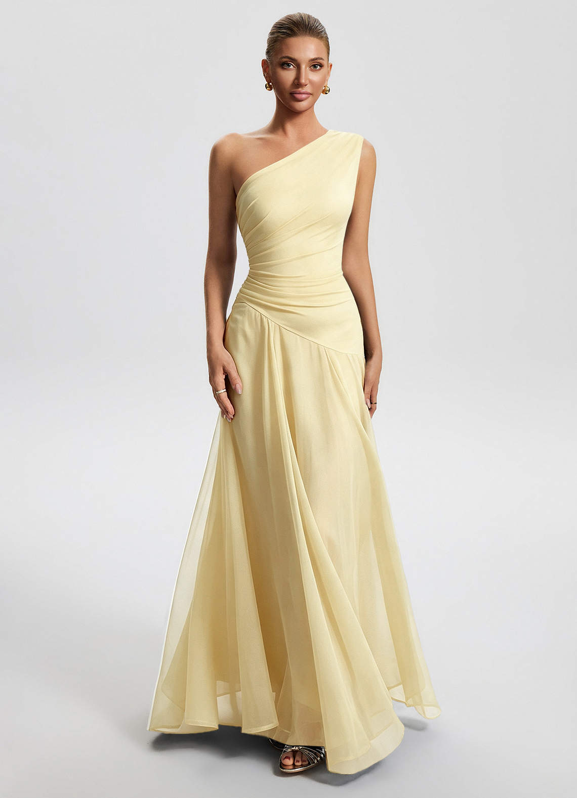 Sylvaine A-Line One-Shoulder Chiffon Wedding Guest Dress in Lemon Sorbet