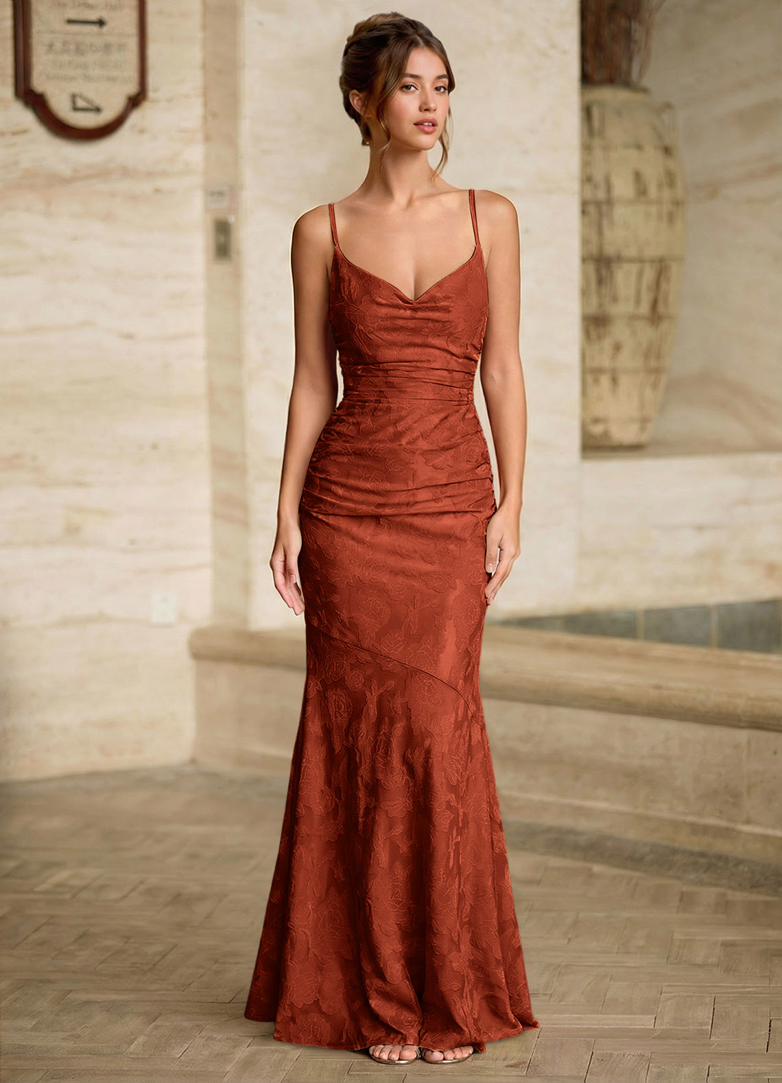 Leahenmo Mermaid Cowl-Neck Floral Burnout Prom Dress in Auburn