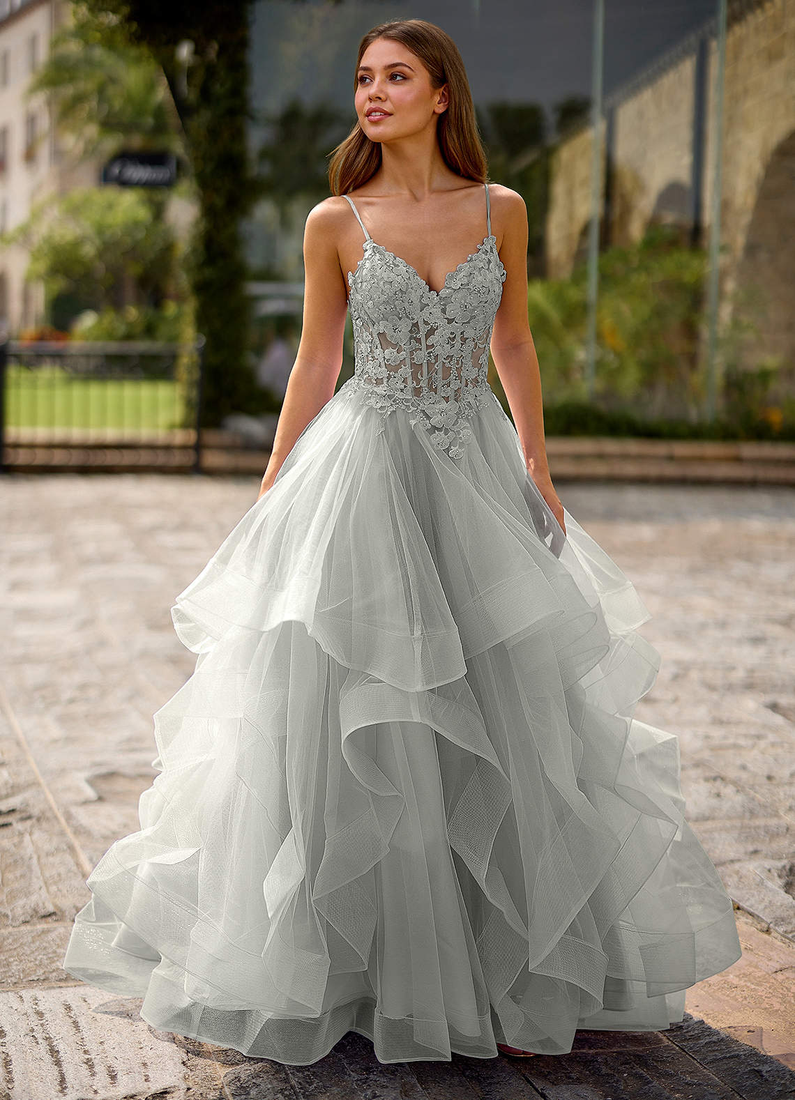 Spitze Ball Gown Sweetheart Lace Tulle Evening Dress in Silver