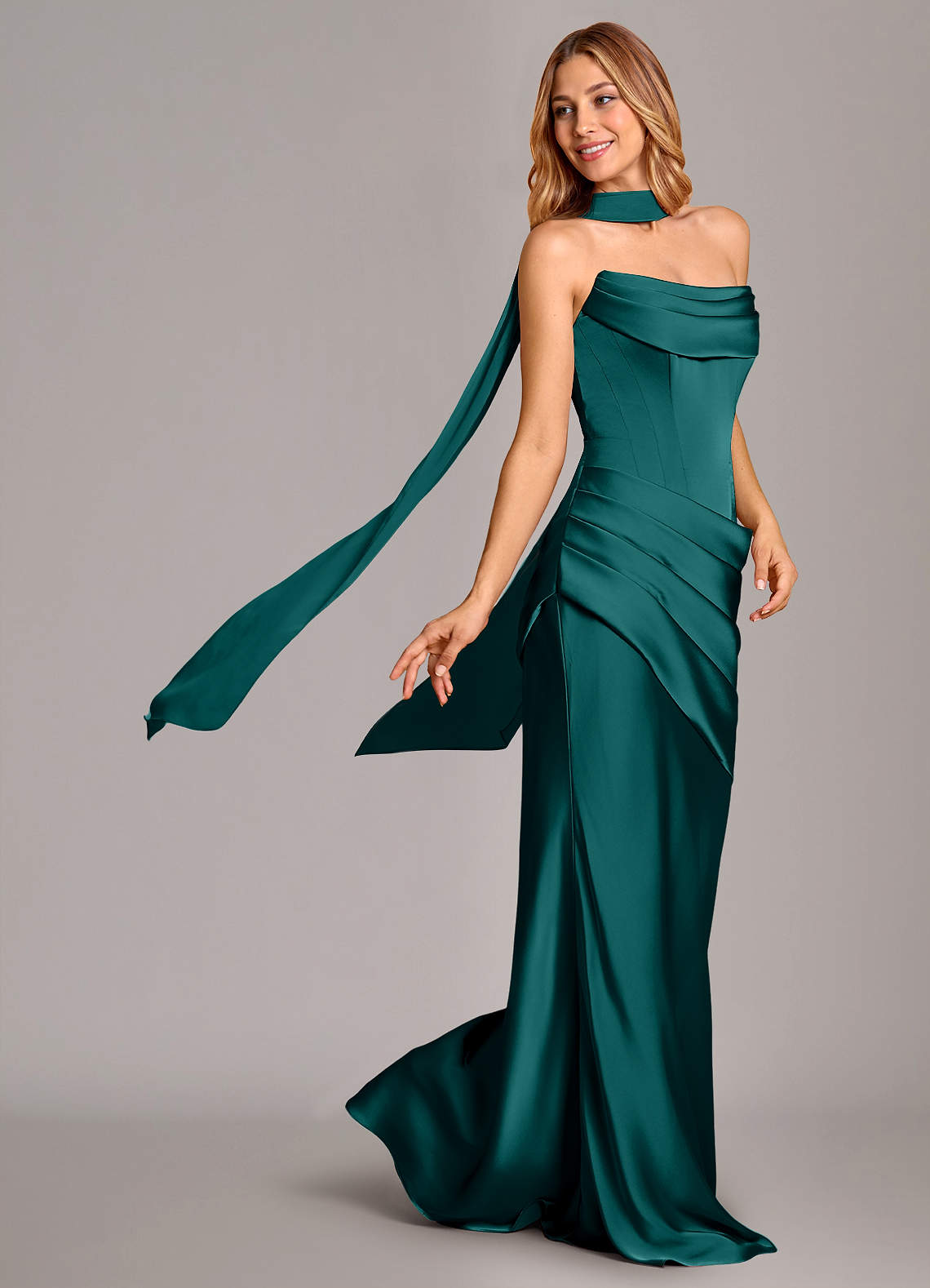 Pelagia Mermaid Cowl-Neck Stretch Satin Bridesmaid Dress in Peacock